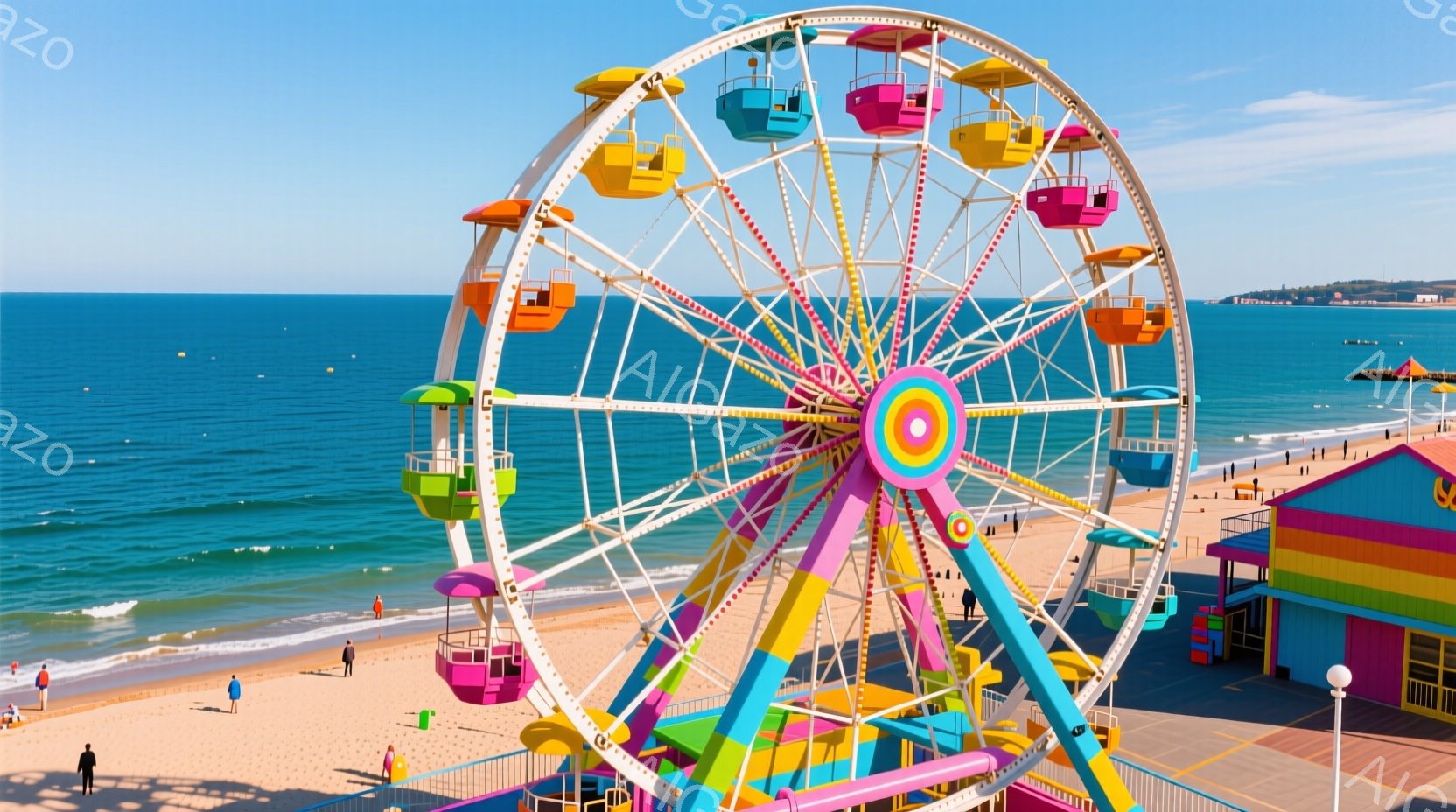 カラフルな観覧車が海岸線にそびえ立ち、鮮やかな色彩が夏の活気に満ちた雰囲気を醸し出しています。人々は砂浜を歩き、観覧車の足元にはピンク色の遊園地の建物が並び、晴天の下、穏やかな波が打ち寄せています。全 - AI生成フリー素材