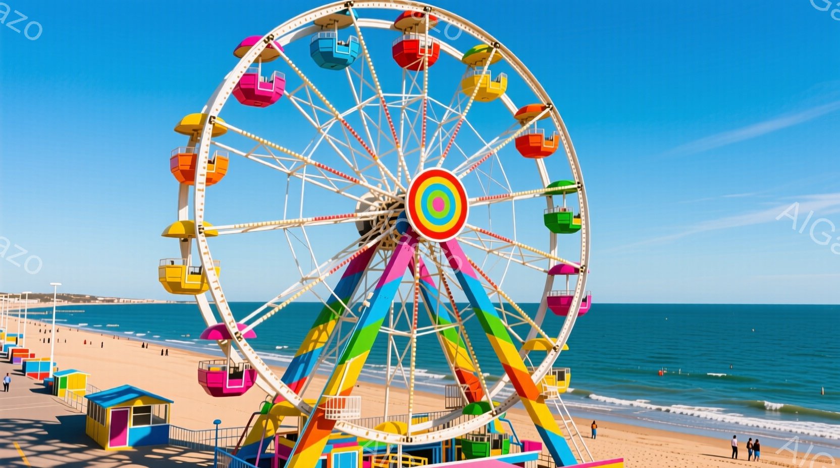 カラフルな観覧車が青い空と海を背景にそびえ立っています。観覧車のゴンドラは赤、青、緑、黄色など様々な色で彩られ、遊園地の活気を感じさせます。砂浜には人々が点在し、遠くには建物が見え、晴れた日の穏やかな - AI生成フリー素材