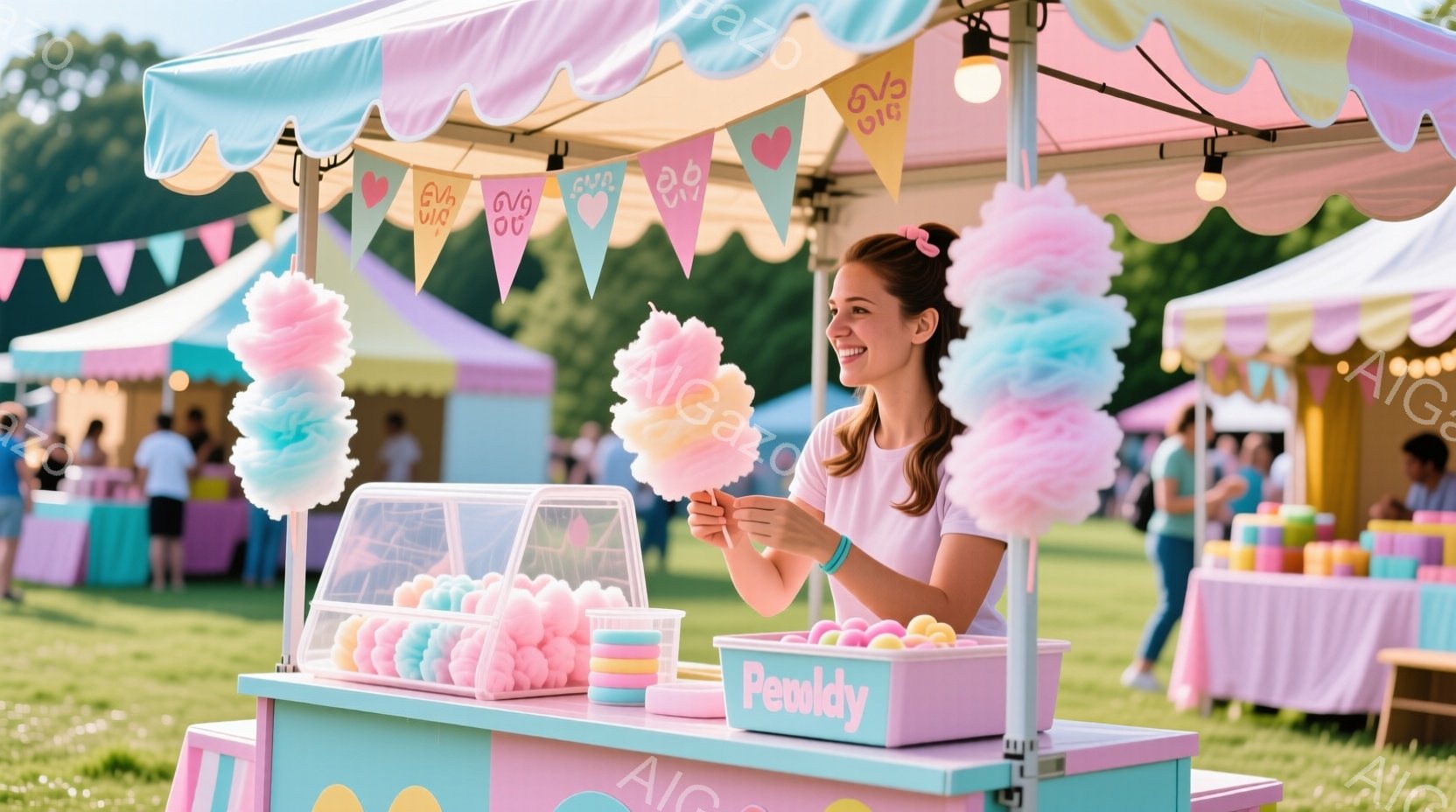 ピンクと水色のストライプの屋台で、女性がふわふわの綿あめを手に持っています。彼女は明るい笑顔で、カジュアルな白いシャツを着ており、髪は後ろでまとめています。背景には緑の芝生と、他のカラフルな屋台が見え - AI生成フリー素材