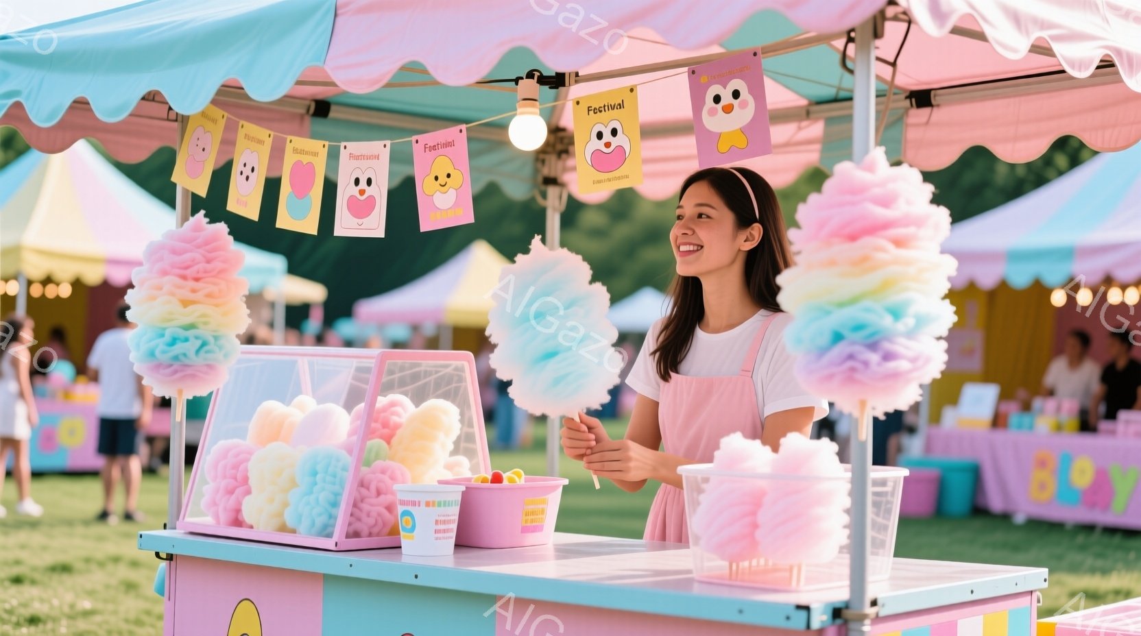 春の日に開催された屋外フェアを舞台にしております。中央には焦らないカラフルソフティプップが見られます。その前で、女性がソフティプップを作っていることがわかります。彼女は白のオーバーレイに着き、お茶色の髪に抹き目が入ったヘアスタンプがついています。彼女は微笑しており、手を開ける動作でソフティプップを作り上げています。背景には他の屋台や人々が見られ、晴れた空と軽く吹く風があります。組み合わせることで、春のフェアで楽しむ雰囲気を感じることができます。