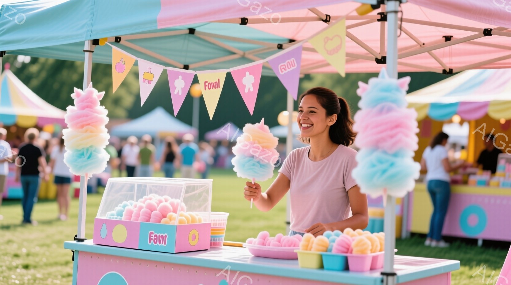 ピンクと白のストライプのテントの下で、若い女性が綿菓子の屋台に立っています。彼女はピンクのTシャツを着ており、髪は後ろでポニーテールに結ばれています。笑顔で綿菓子を手に持ち、楽しそうな雰囲気の中で営業しています。