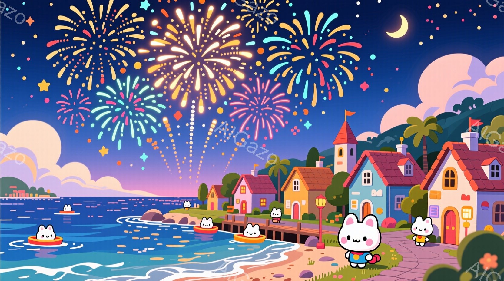 夜空にはカラフルな花火が咲き乱れ、海辺の町を幻想的に照らしています。可愛らしいウサギのキャラクターたちが小さなボートに乗ったり、桟橋を歩いたりして楽しんでおり、建物はパステルカラーで温かみのある雰囲気 - AI生成フリー素材
