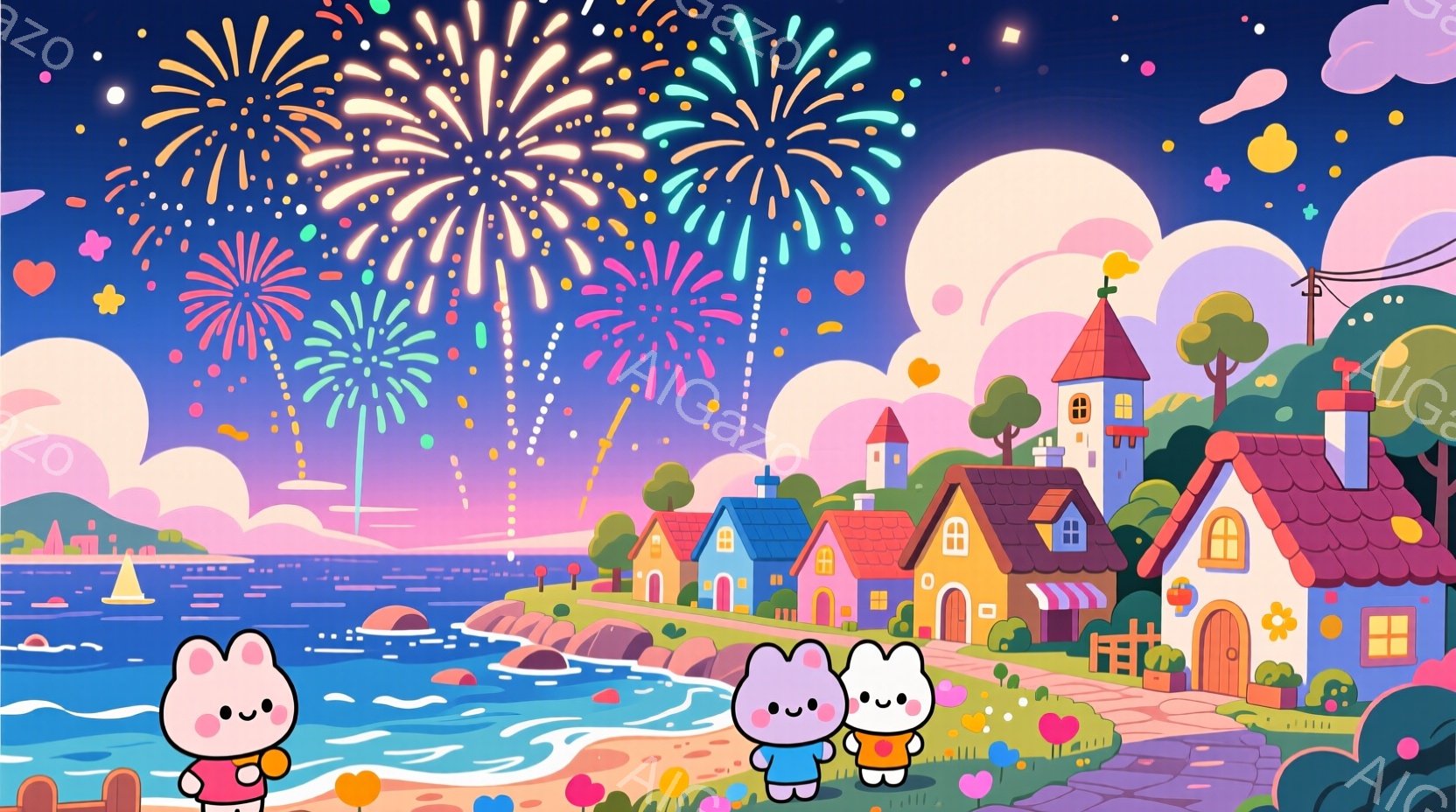 カートン紙のようなスタイルで、夜空に照らされる火花が飛んでおり、小さな村の景色を背景としています。3つのポップコーンキャラクターが登場し、中央のキャラクターは手を挙げ、周りには花が降っています。皆さんは安らかな表情で落とし祝いを見つける雰囲気があります。