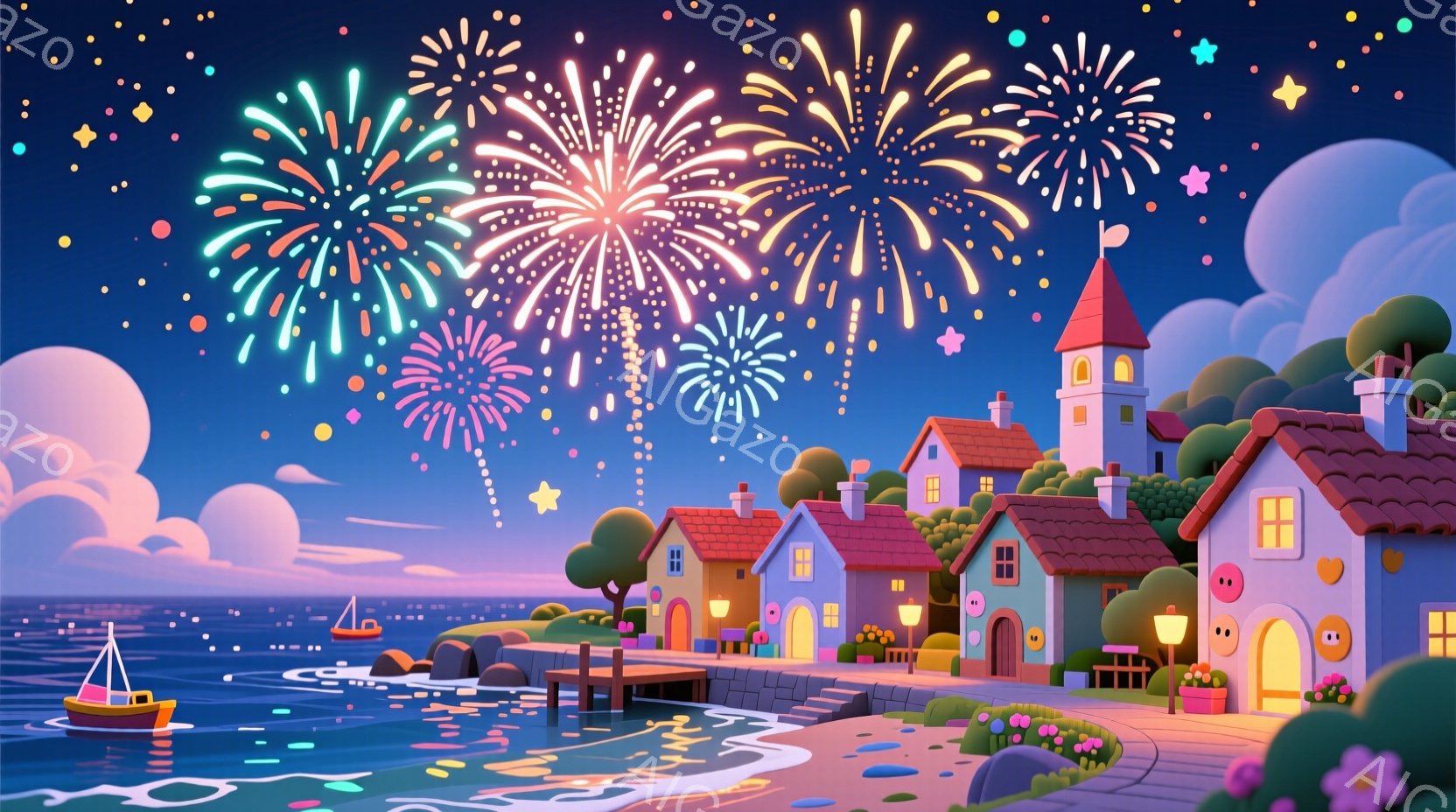 夜空には色鮮やかな花火が咲き乱れ、海沿いの小さな村を照らしています。可愛らしい家々が並び、暖色の光が灯り、穏やかで幻想的な雰囲気を醸し出しています。波の穏やかな音と、夜空に輝く星々が、この村の平和な夜 - AI生成フリー素材