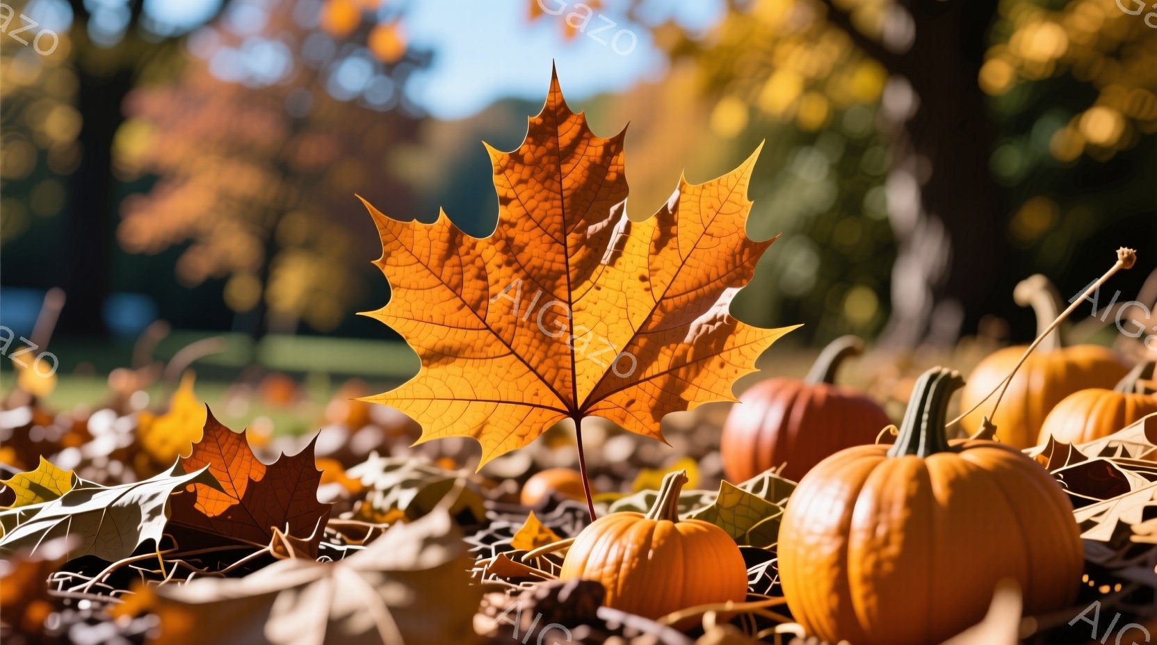 カボチャと紅葉の葉が地面に散らばり、秋の風景を描いています。鮮やかなオレンジ色のカボチャが葉っぱの間から顔を出し、暖かく穏やかな雰囲気を醸し出しています。背景はぼやけており、自然の中で秋の豊かな色彩を - AI生成フリー素材