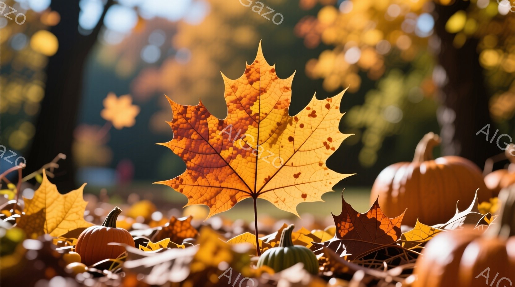 鮮やかなオレンジ色のカエデの葉が、小さなカボチャや落ち葉の上に浮かび上がっている。背景はぼやけた秋の森で、暖かい日差しが葉やカボチャを照らし、季節の移り変わりを感じさせる。全体的に暖かく穏やかな雰囲気 - AI生成フリー素材