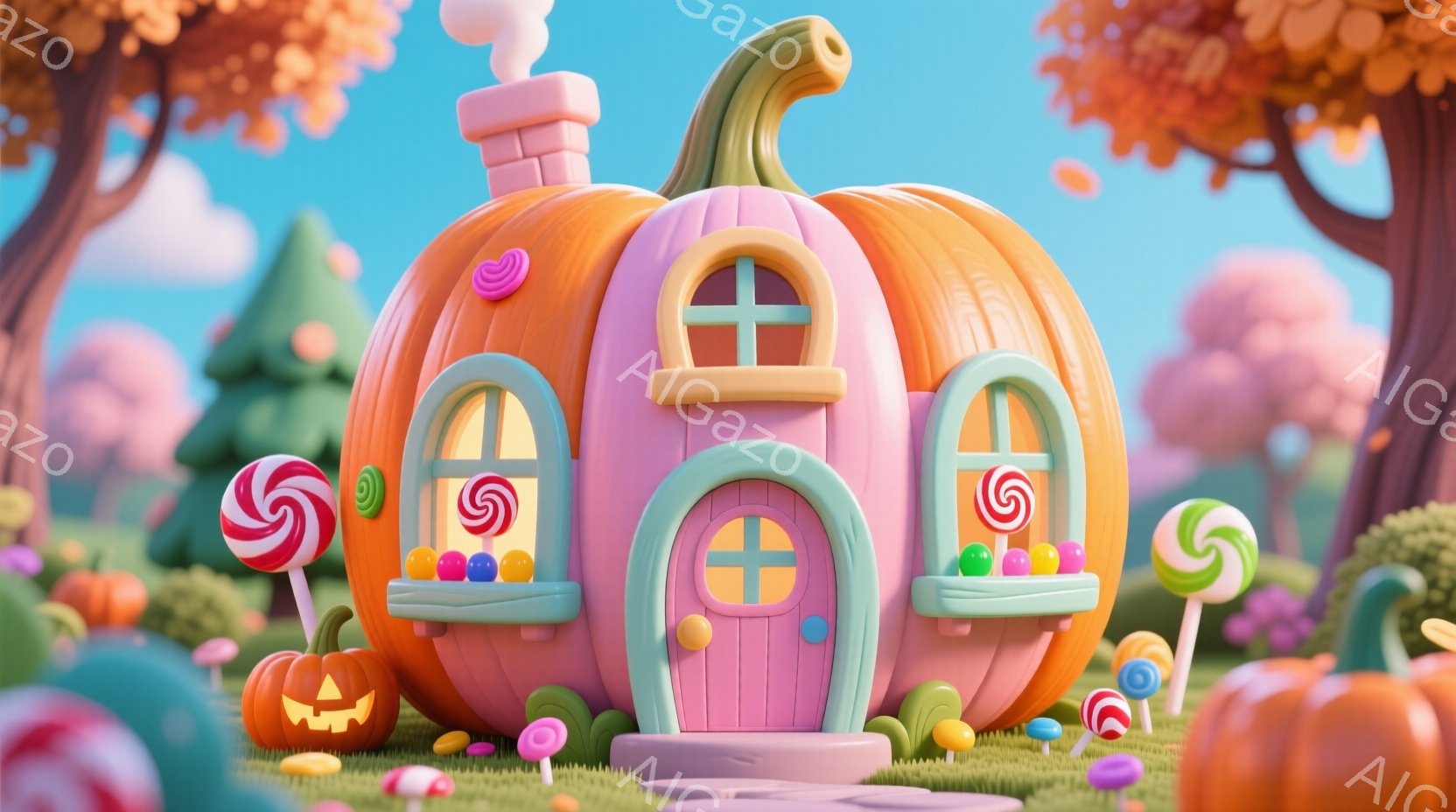 明るいオレンジ色のカボチャが、可愛らしい家として描かれています。ピンク色のアクセントとキャンディの装飾が施され、窓には渦巻きキャンディが飾られています。背景には緑の芝生、カラフルなキノコ、そしてパステ - AI生成フリー素材