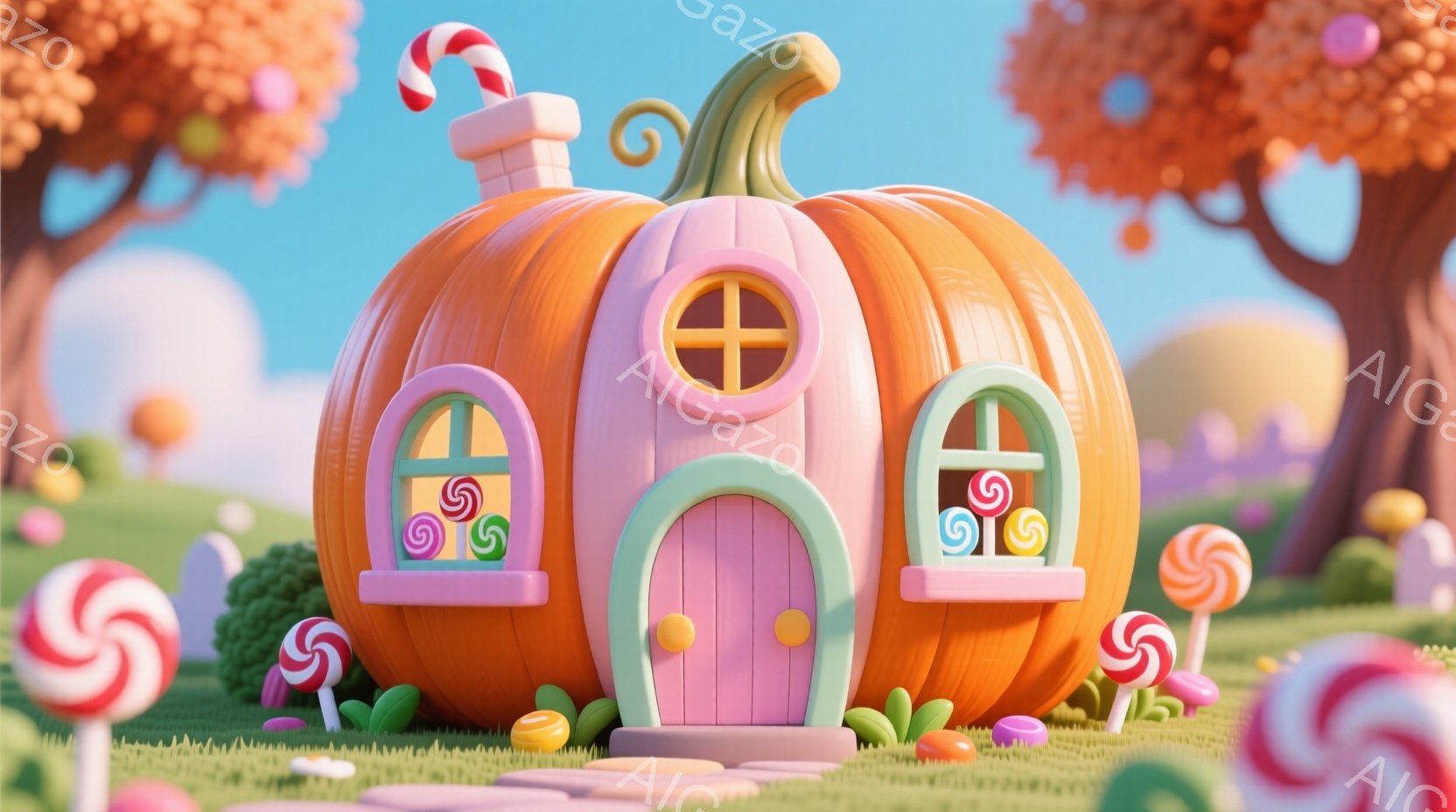 大きなカボチャが可愛らしい家として描かれており、ピンク色のドアと窓枠が印象的です。周囲にはカラフルなキャンディが散りばめられ、背景には丸い葉を持つ木々が並び、おとぎ話のような甘い雰囲気を醸し出していま - AI生成フリー素材