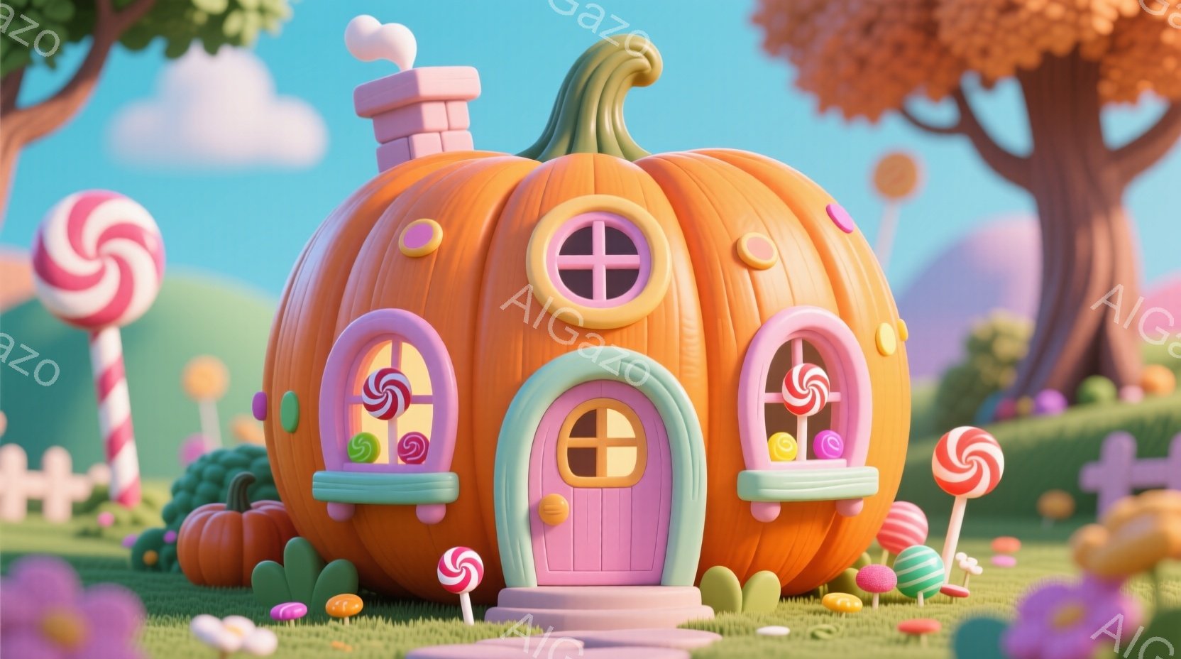 かぼちゃをモチーフにした可愛らしい家が、緑の芝生の上に建っています。家はオレンジ色で、ピンク色のドアと窓枠が特徴的で、キャンディのような装飾が全体に散りばめられています。背景には、色とりどりのキャンデ - AI生成フリー素材