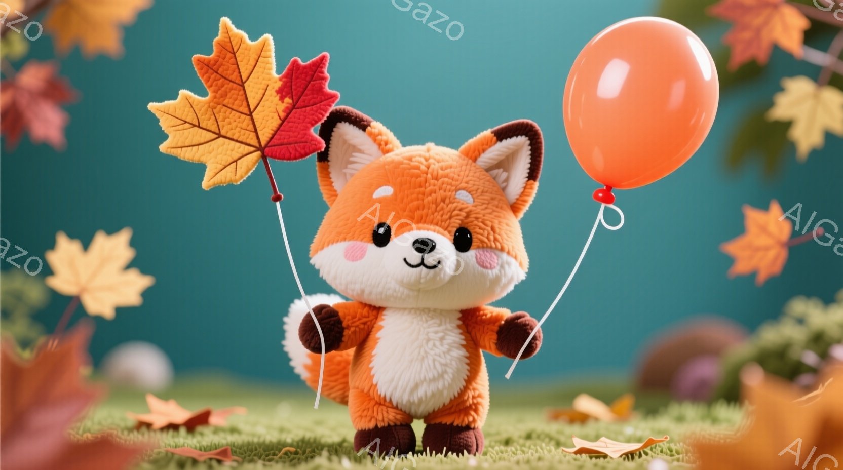 鮮やかなオレンジ色の毛並みを持つ小さなキツネが、数枚の紅葉とオレンジ色の風船を持って立っています。 キツネは丸く可愛らしい顔をしており、その表情は穏やかで愛らしいです。背景は緑の草地と舞い散る紅葉で、 - AI生成フリー素材