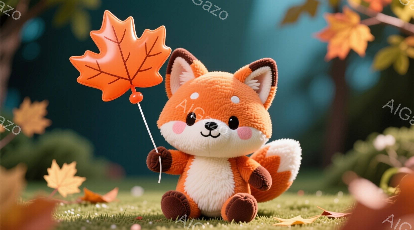 鮮やかなオレンジ色のキツネのぬいぐるみは、緑の芝生の上に座り、大きなオレンジ色のカエデの葉を手に持っています。 キツネは丸い頬と愛らしい笑顔で、穏やかでかわいらしい雰囲気を醸し出しています。 背景にはぼやけたオレンジ色の葉が散りばめられており、秋の暖かく心地よい雰囲気を感じさせます。