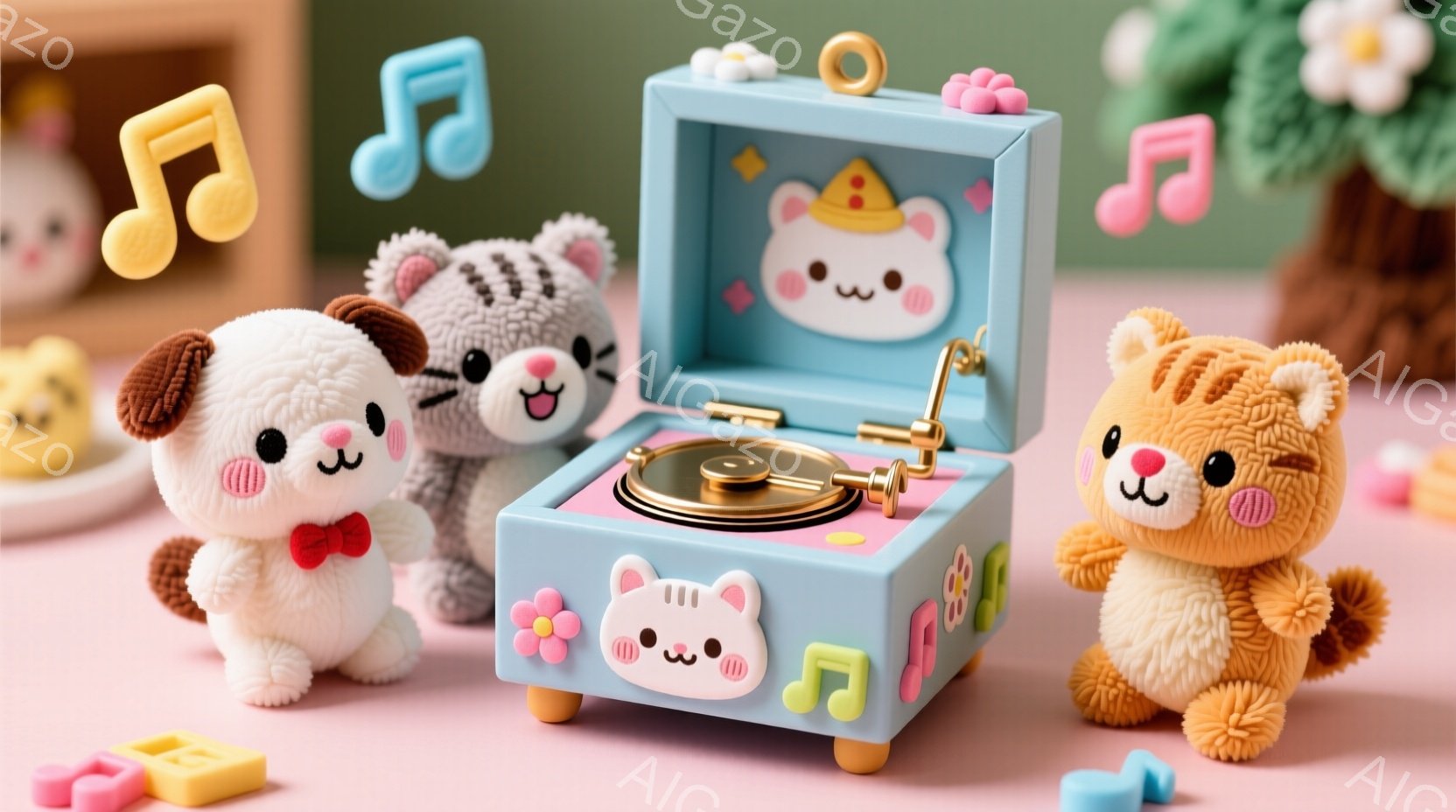 可愛らしい動物のキャラクターたちが、青いレコードプレーヤーの周りに集まっています。子犬は赤い蝶ネクタイを付け、猫はピンクのリボンを頭に付けて楽しそうにしています。背景には、パステルカラーの建物や花が咲 - AI生成フリー素材