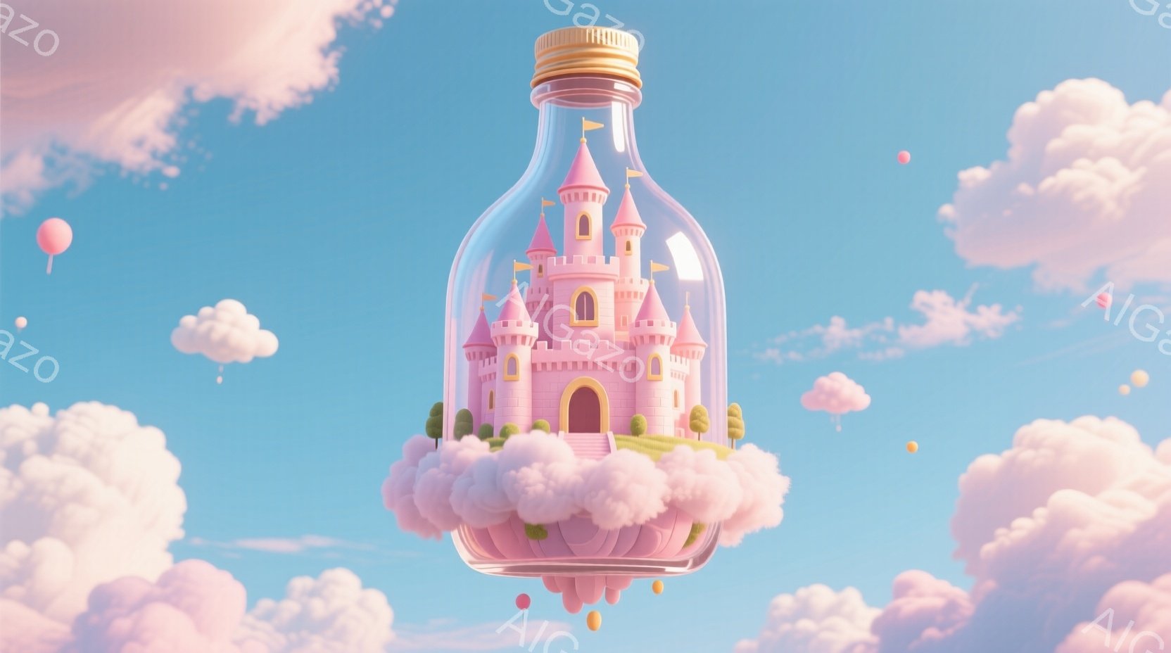 雲の上に浮かぶ、ピンク色の可愛らしいお城が瓶の中に閉じ込められています。お城はパステルカラーで、雲の上には小さなピンク色の風船がいくつか浮かんでおり、夢のような優しい雰囲気を醸し出しています。空は水色 - AI生成フリー素材