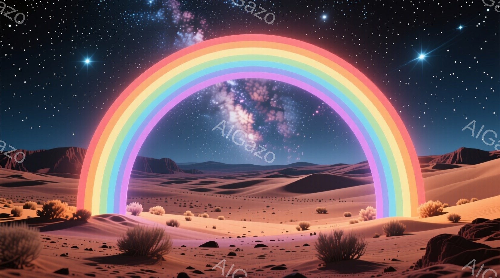 広大な砂漠の風景の中に、鮮やかな虹がアーチ状に架かっている。背景には天の川が広がり、星空が砂漠の暗い風景と対照的である。低い植物が点在し、全体的に幻想的で静謐な雰囲気を醸し出している。 - AI生成フリー素材