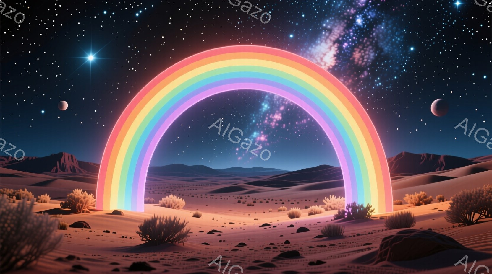 砂漠のような風景の中に、鮮やかな虹がアーチ状に架かっている。夜空には無数の星が輝き、遠くには銀河が広がり、まるで異世界への入り口のようだ。低い丘や灌木が点在し、幻想的で静寂な雰囲気を醸し出している。