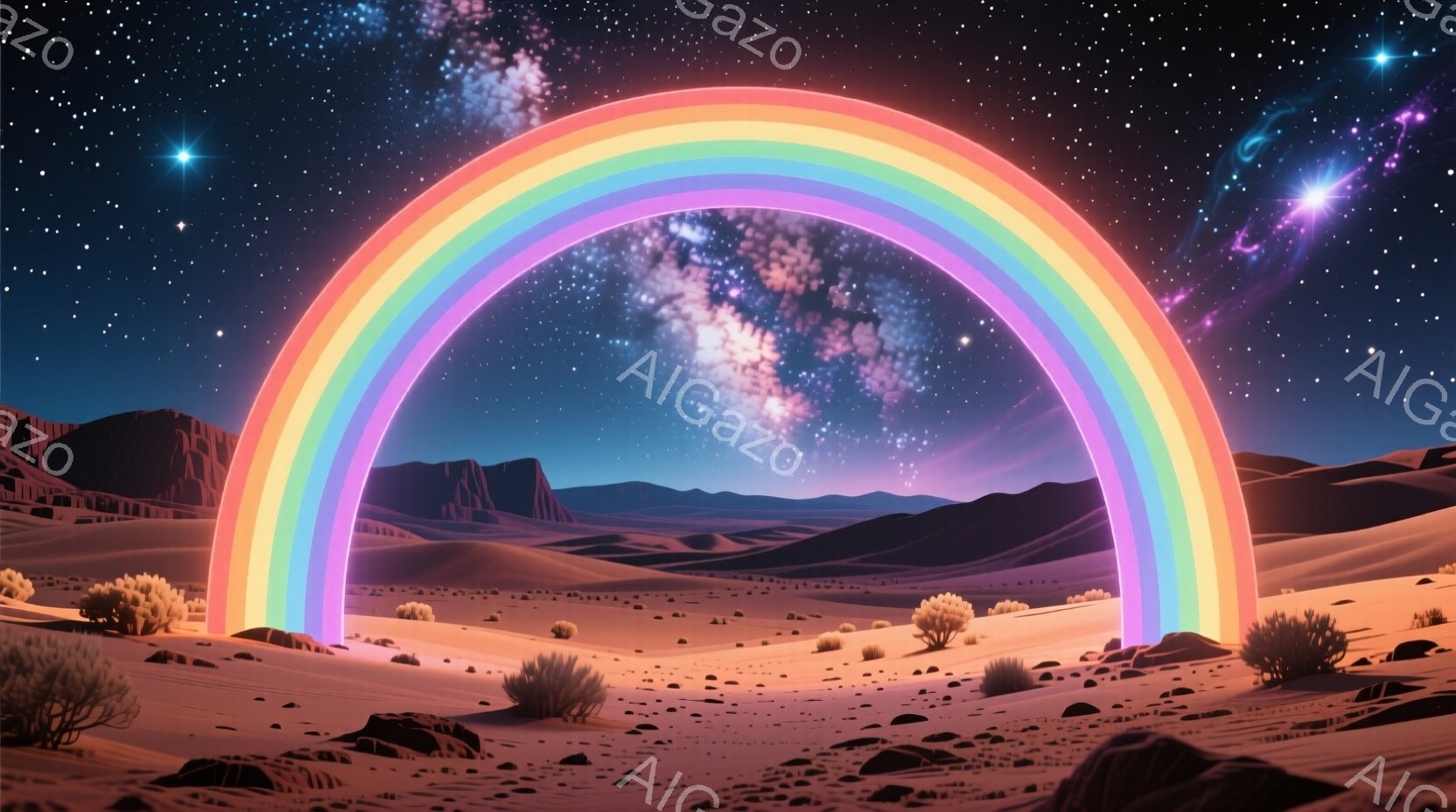 広大な砂漠地帯に巨大な虹がかかり、その奥には銀河が広がる幻想的な風景です。地表は岩石や低い灌木で覆われ、遠くにはぼんやりとした山々が連なっています。夜空には星が輝き、全体的に神秘的で静謐な雰囲気が漂っ - AI生成フリー素材