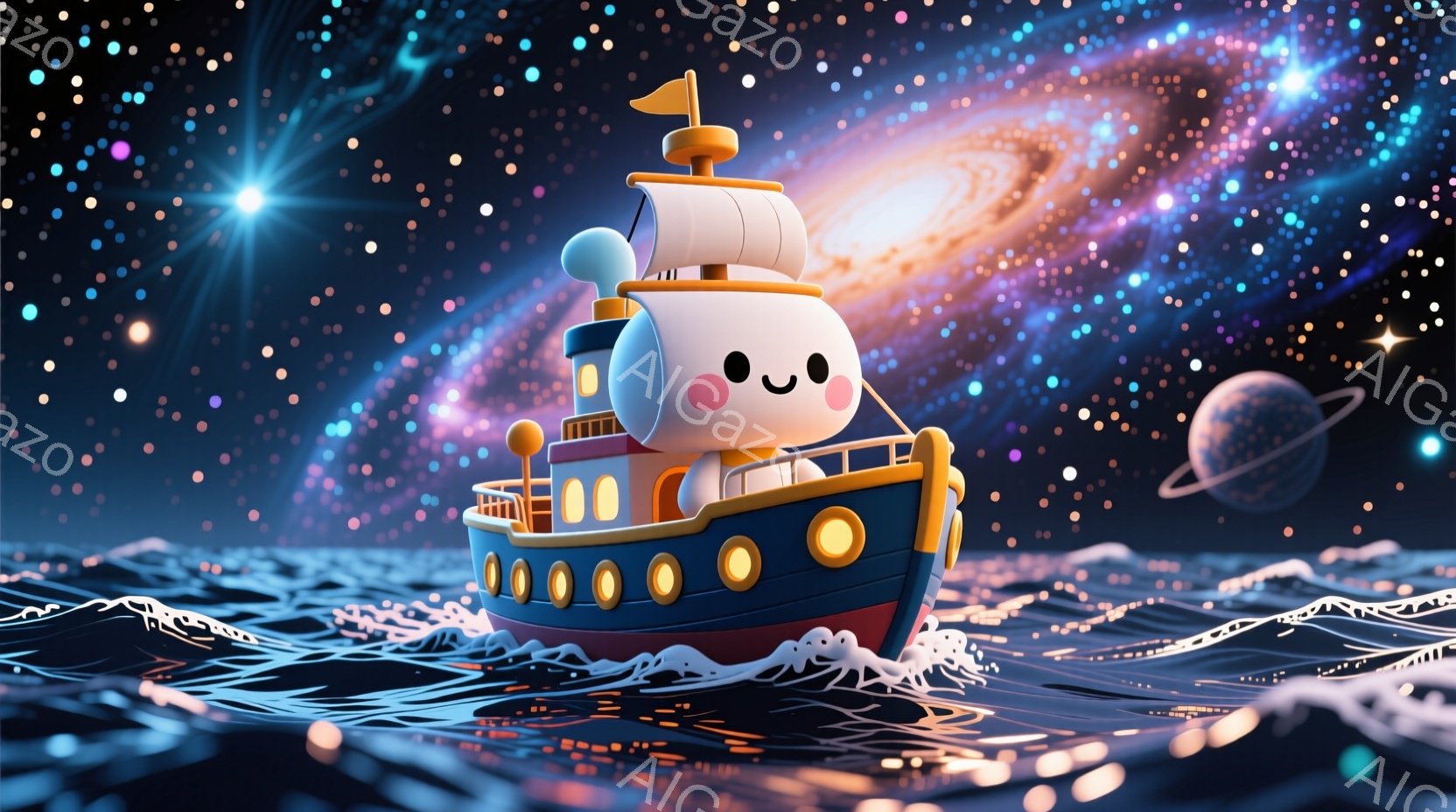可愛らしい小型の曳き船が、暗く輝く波の上を航行している様子が描かれています。船は白と青のストライプで装飾され、丸い窓が特徴的で、頂上には黄色い旗が翻っています。背景は星空と惑星が散りばめられた宇宙空間 - AI生成フリー素材