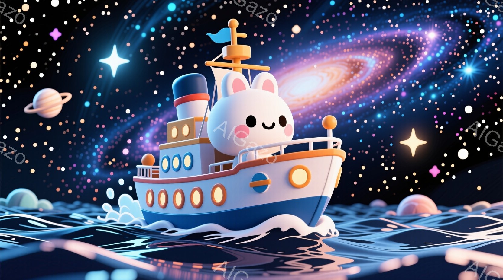 丸みを帯びた白いボートが、紫と紺色の波の上を航行している様子を描いています。ボートは可愛らしい表情をしており、波はまるでキャンディのような色合いで、星と惑星が散りばめられた幻想的な背景が広がっています - AI生成フリー素材