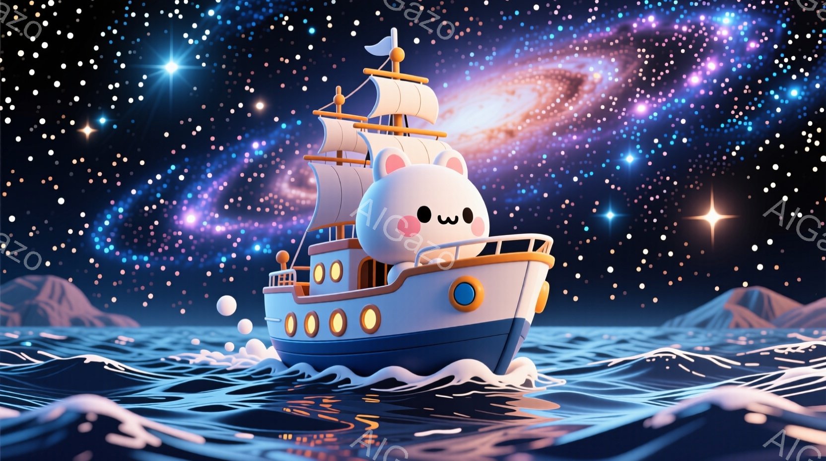 青い海の上を、可愛らしい白いクジラのような船が進んでいる。船は丸みを帯びた可愛らしいデザインで、黄色の窓と青いアクセントが特徴的だ。背景には、紫と青の幻想的な空と、遠くに見える山々が広がっており、全体的に夢のような雰囲気を醸し出している。