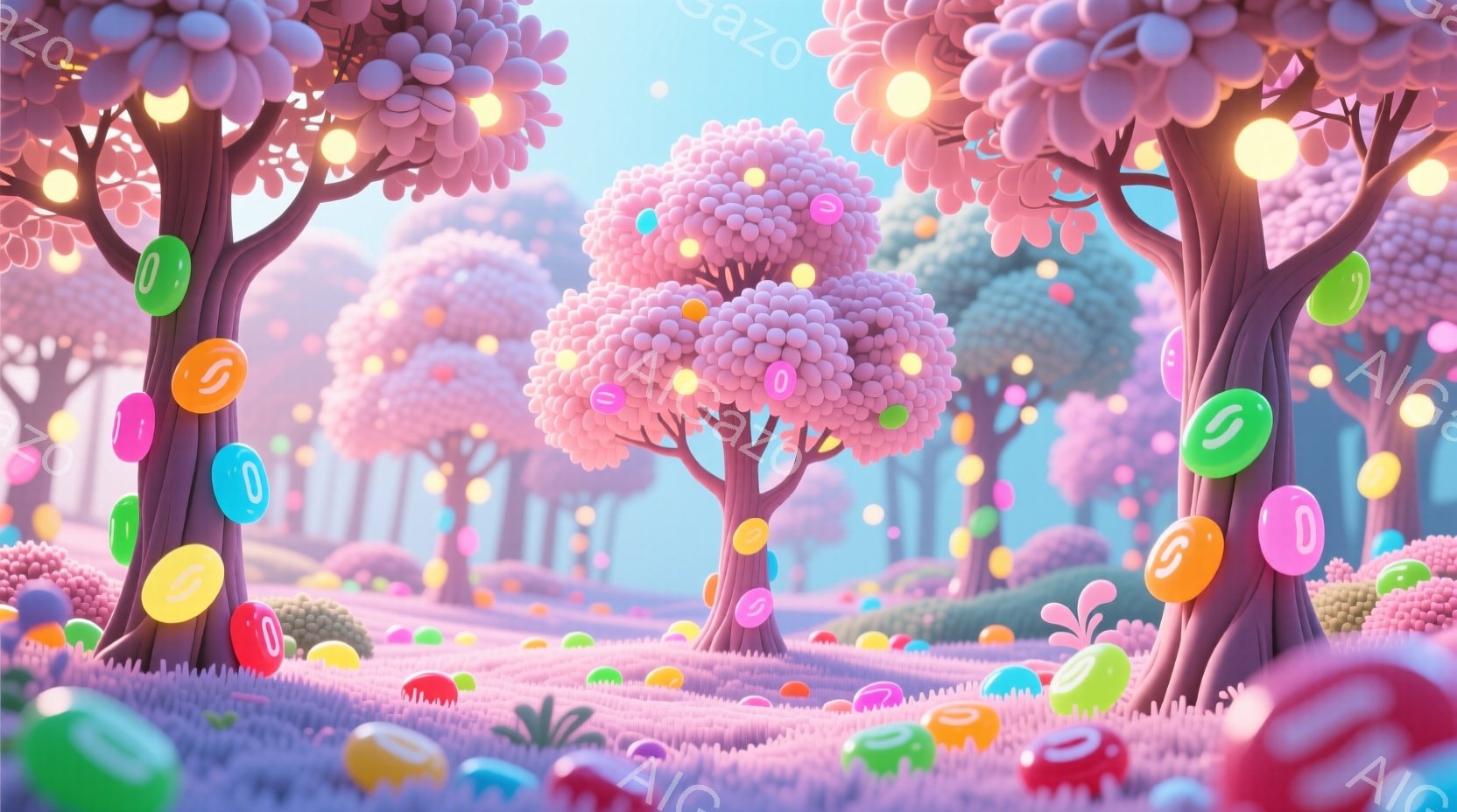 カラフルなキャンディで覆われた幻想的な風景が広がっています。紫色の幹を持つ丸い木々が並び、地面には様々な色のキャンディが散らばり、まるで夢のような世界です。背景は柔らかなピンクと紫のグラデーションで、 - AI生成フリー素材