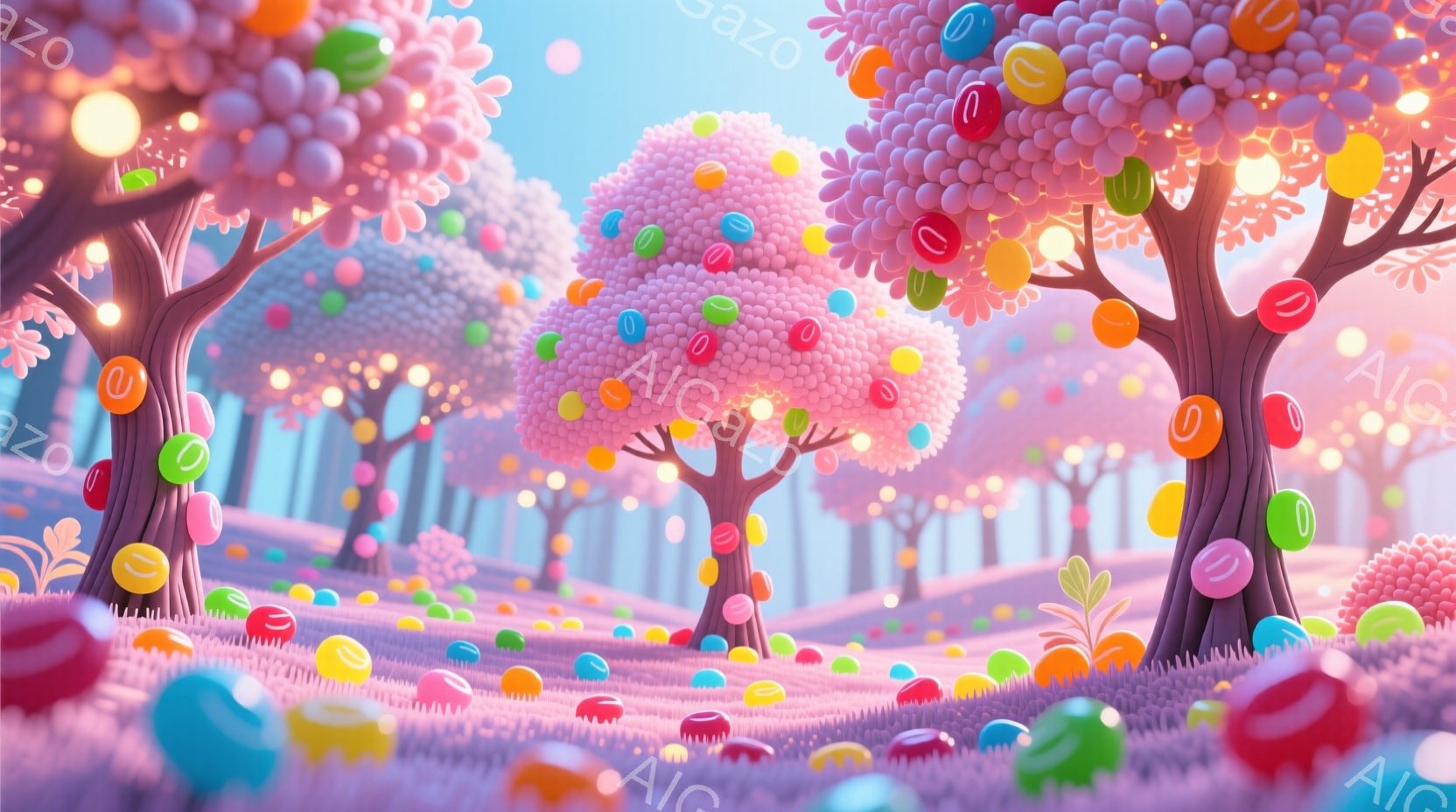 カラフルなキャンディで覆われた木々が並ぶ幻想的な風景です。地面にはキャンディが散らばり、背景には薄いピンク色の空が広がっています。全体的に明るく、甘くて楽しい雰囲気が漂っています。 - AI生成フリー素材