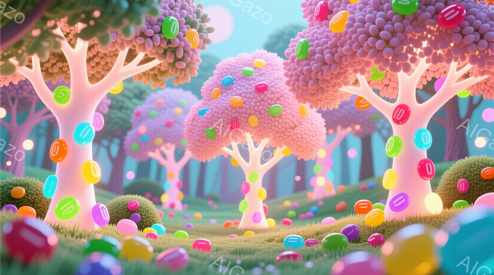 カラフルなキャンディーで覆われた奇妙な森が描かれている。木々はキャンディーのような丸い葉を持ち、地面には様々な色のキャンディーが散らばっている。全体的に夢のような、おとぎ話のような雰囲気が漂っている。 - AI生成フリー素材