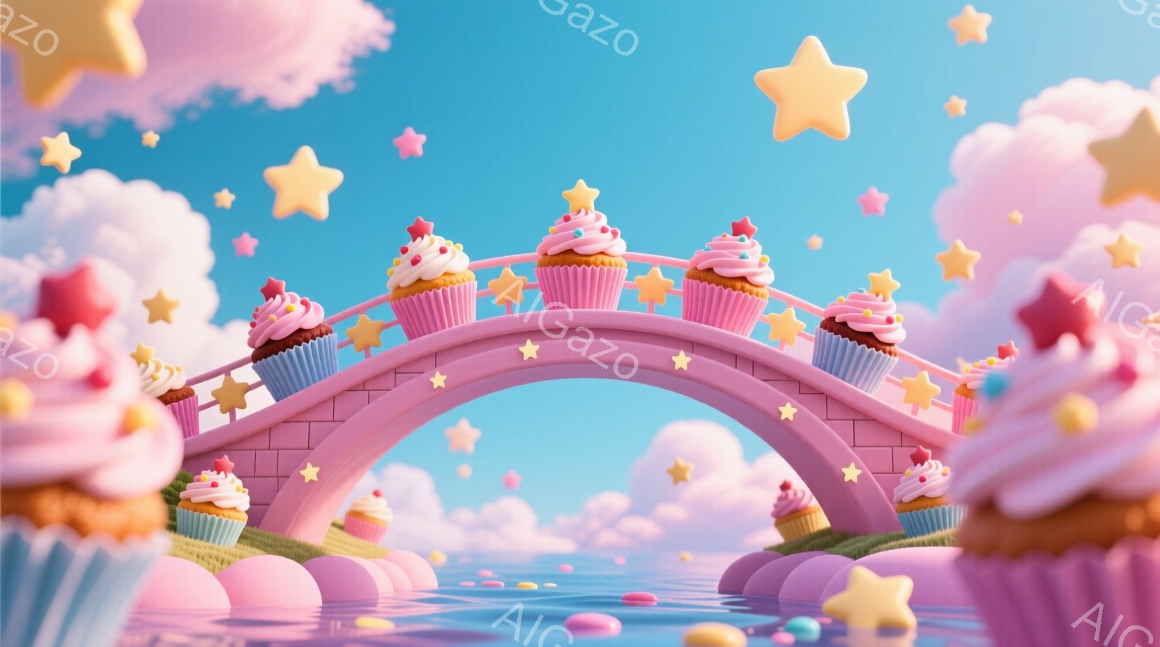 淡いピンク色のアーチ状の橋が、水面に浮かぶキャンディーのような島々をつないでいます。橋の上や島の周りには、クリームと星形のトッピングが施された可愛らしいカップケーキが並び、空にはパステルカラーの雲と星 - AI生成フリー素材