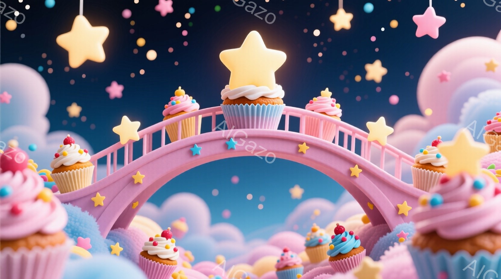 明るいピンク色のアーチ状の橋が、ふわふわとした雲と輝く星々に囲まれて浮かんでいます。橋の上や周りには、クリームと赤い果物が飾られたカップケーキが配置されており、夢のような甘い世界を表現しています。全体 - AI生成フリー素材