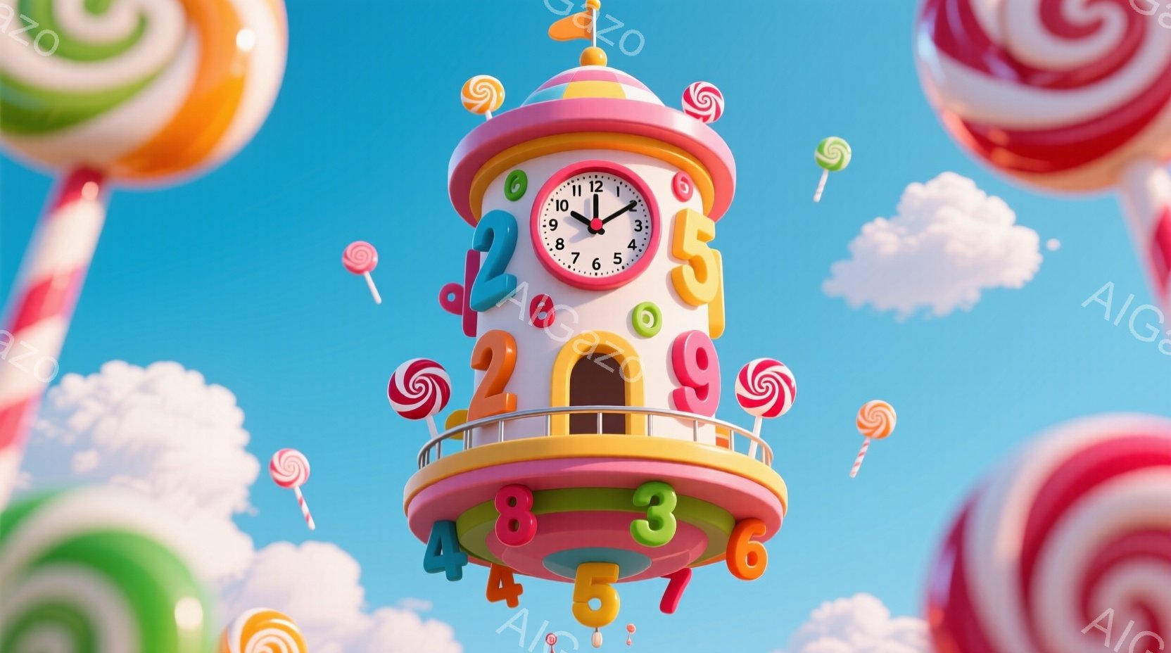 カラフルなキャンディが浮かぶ青空を背景に、お菓子の家のような時計台が描かれています。時計台はピンクと黄色を基調とし、数字が側面に配置されたユニークなデザインで、まるで夢のようなお菓子の国を彷彿とさせます。ふわふわとした雲とカラフルなキャンディが、甘くて楽しい雰囲気を演出しています。