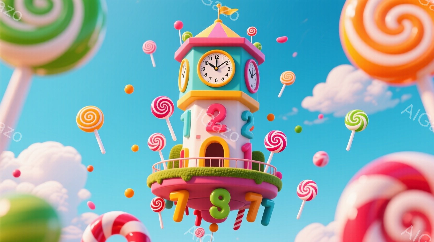 カラフルなキャンディが空中に浮かぶ、夢のような光景が広がっています。塔のような建物は、数字で装飾され、まるで甘いお菓子の国に迷い込んだかのようです。背景には、青空とふわふわの雲が広がり、全体的に明るく - AI生成フリー素材