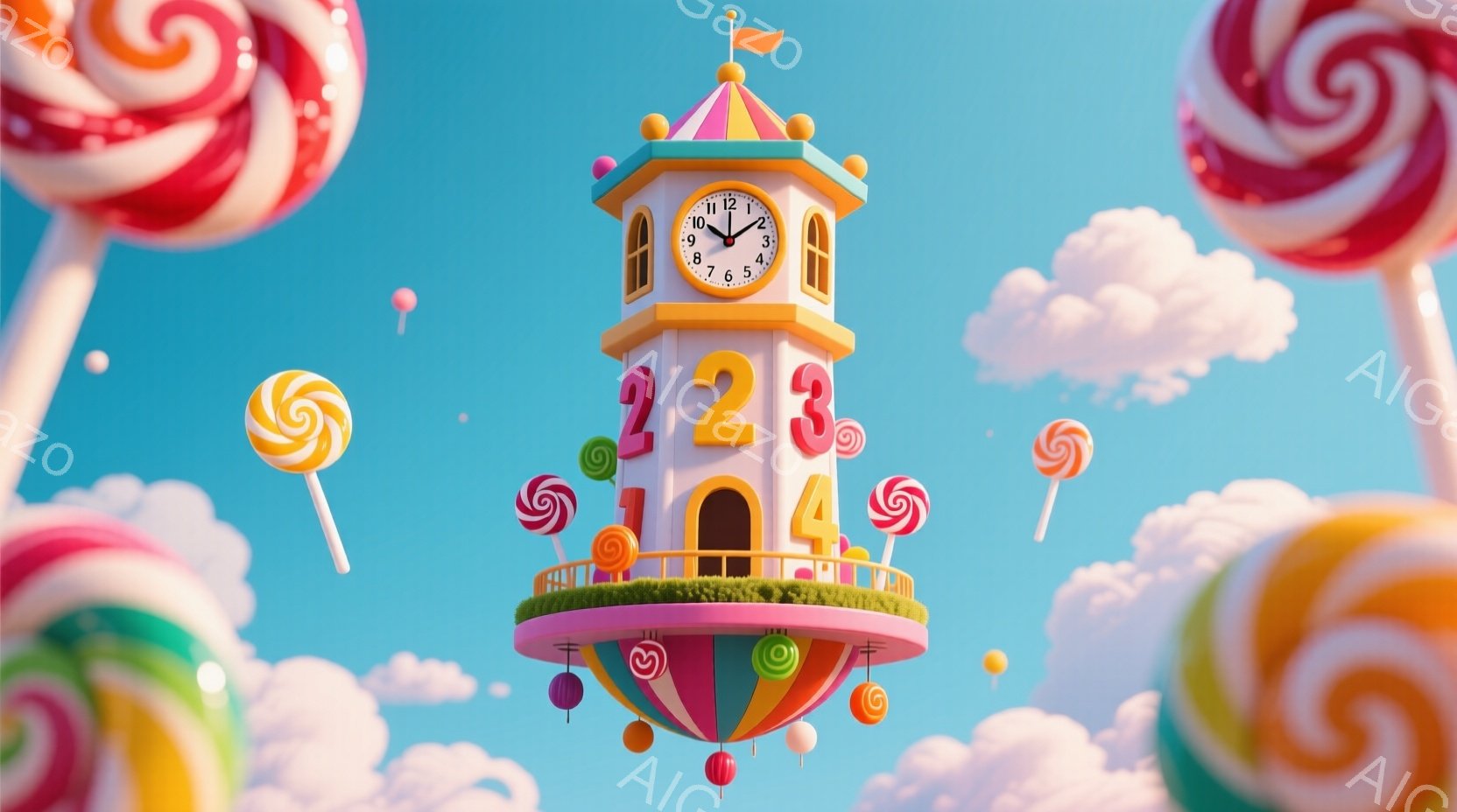 明るい青空の中に、カラフルなキャンディが浮かび、その中心にはお城のような時計台が建っています。時計台はパステルカラーで装飾され、頂上には数字が並び、周りには小さな旗やカラフルな風船が飾られています。全体的に夢のような、お菓子の国を思わせる、遊び心溢れる雰囲気です。