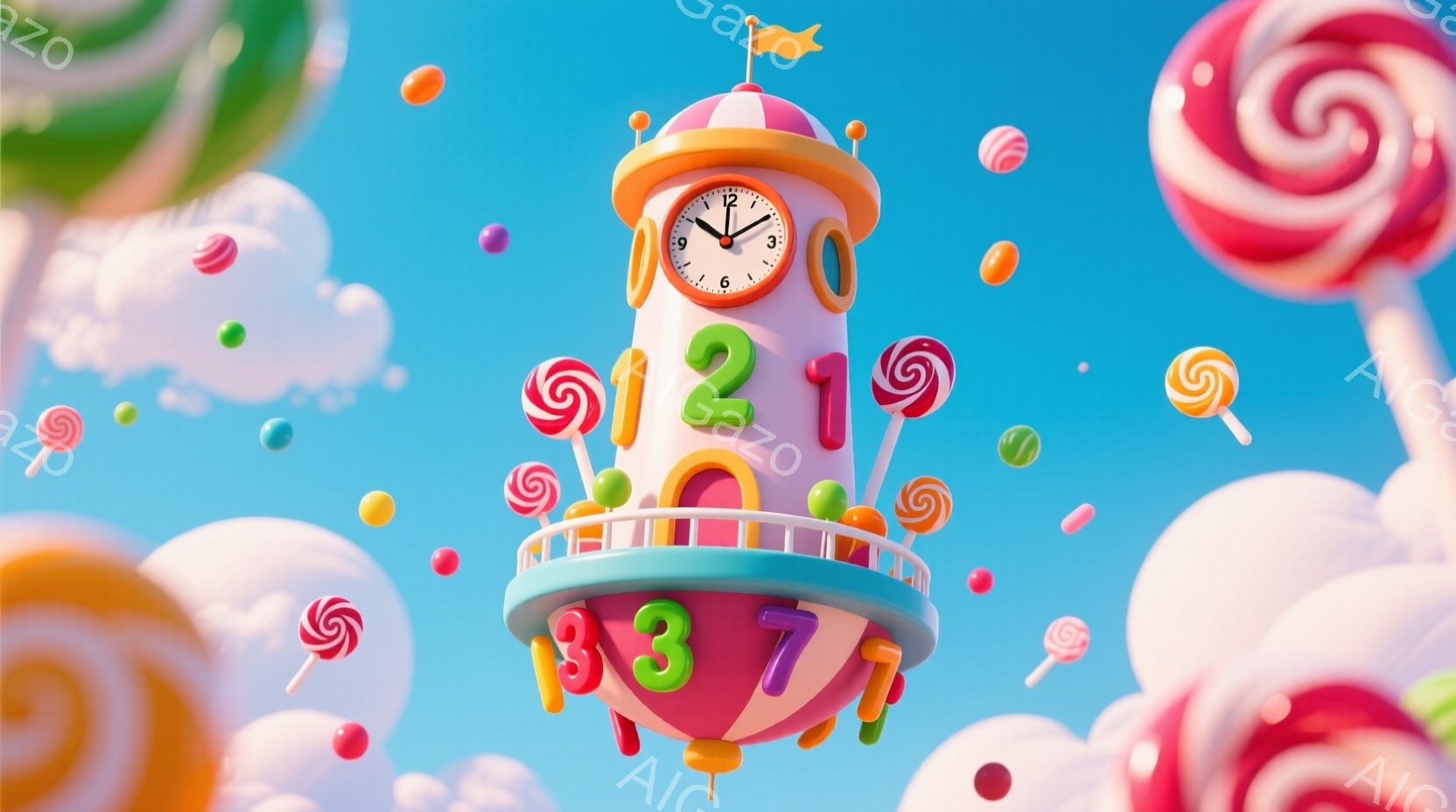 明るい青空を背景に、カラフルなキャンディが浮かぶ幻想的な光景が広がっています。中央には、数字が描かれた塔のような構造物が浮かび、頂上には時計が設置されています。全体的に甘くて楽しい、お菓子の国のような雰囲気で、遊び心に溢れたイラストレーションです。