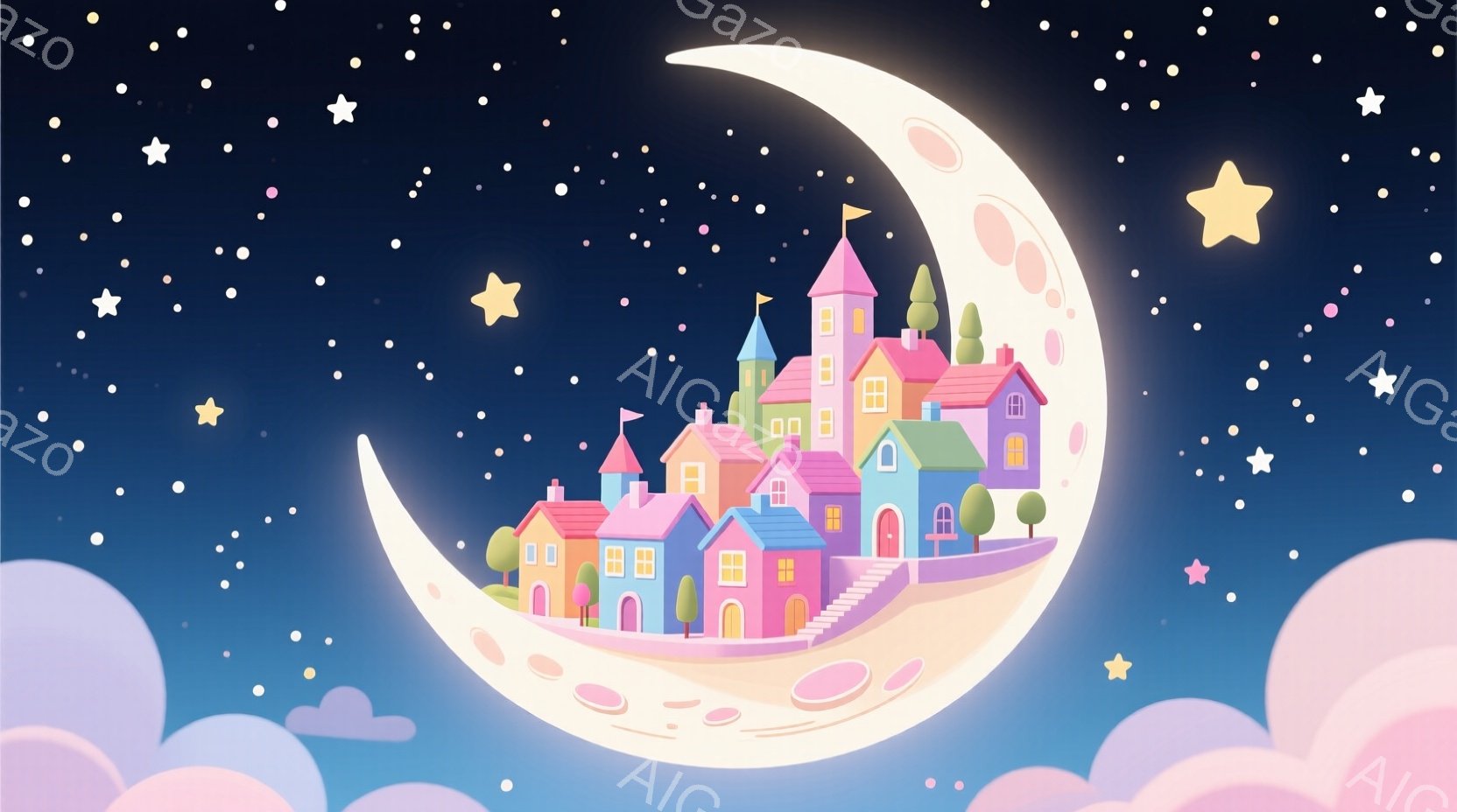 満月を背景に、カラフルな家々が建ち並ぶ幻想的な風景が広がっています。雲は淡いピンク色で、星が夜空を埋め尽くし、夢のような雰囲気を醸し出しています。全体的にパステルカラーで統一されており、可愛らしく穏や - AI生成フリー素材