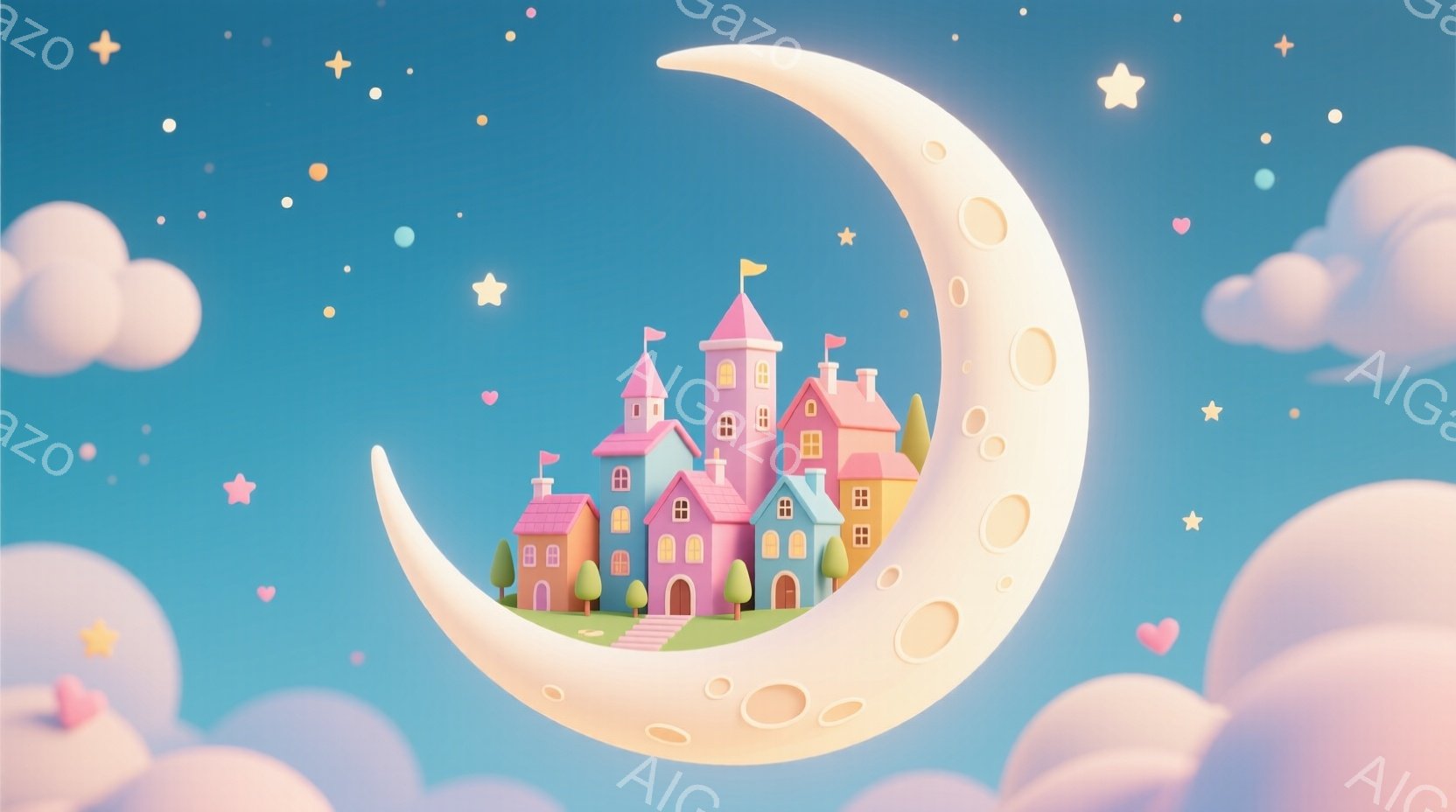 満月のような半月の上に、カラフルで可愛らしい家々が並んでいます。背景にはふわふわとした雲が浮かび、星やハート型の光が散りばめられ、夢のような幻想的な雰囲気です。全体的にパステルカラーで統一されており、 - AI生成フリー素材