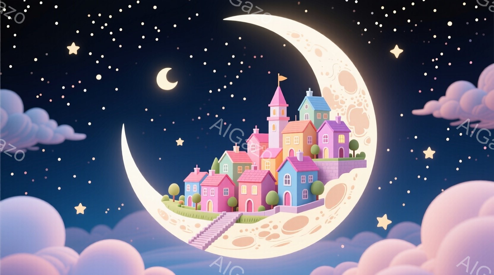 鮮やかな色彩の建物群が、満月のような半円形の島の上に並んでいます。パステルピンクや水色、黄色といった可愛らしい色彩で統一されており、その島はふわふわとした雲と星空に囲まれています。全体的に夢見がちな、 - AI生成フリー素材