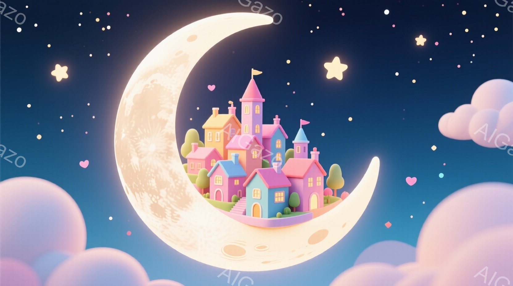 大きな満ちかけの月の上に、カラフルな可愛らしい家々が並んでいます。背景には淡いピンクと紫の雲が浮かび、星が散りばめられており、夢のような幻想的な雰囲気を醸し出しています。全体的にパステルカラーで柔らか - AI生成フリー素材