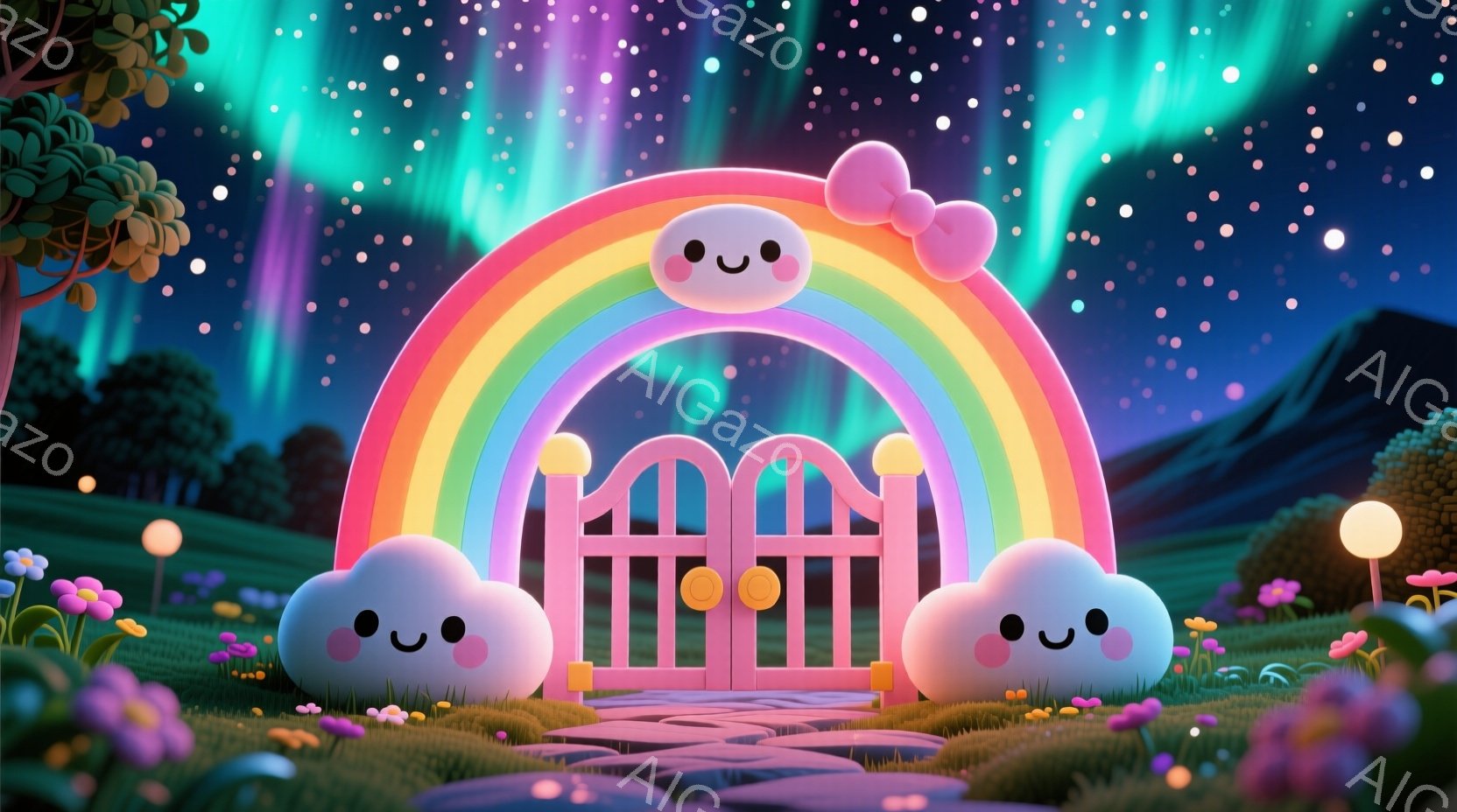 広大な緑の丘に、虹のアーチが架かり、ピンク色の可愛らしい門が設置されています。左右には愛らしい表情の雲が浮かび、丘一面には色とりどりの花が咲き乱れ、夜空にはオーロラが輝き、幻想的で穏やかな雰囲気を醸し - AI生成フリー素材