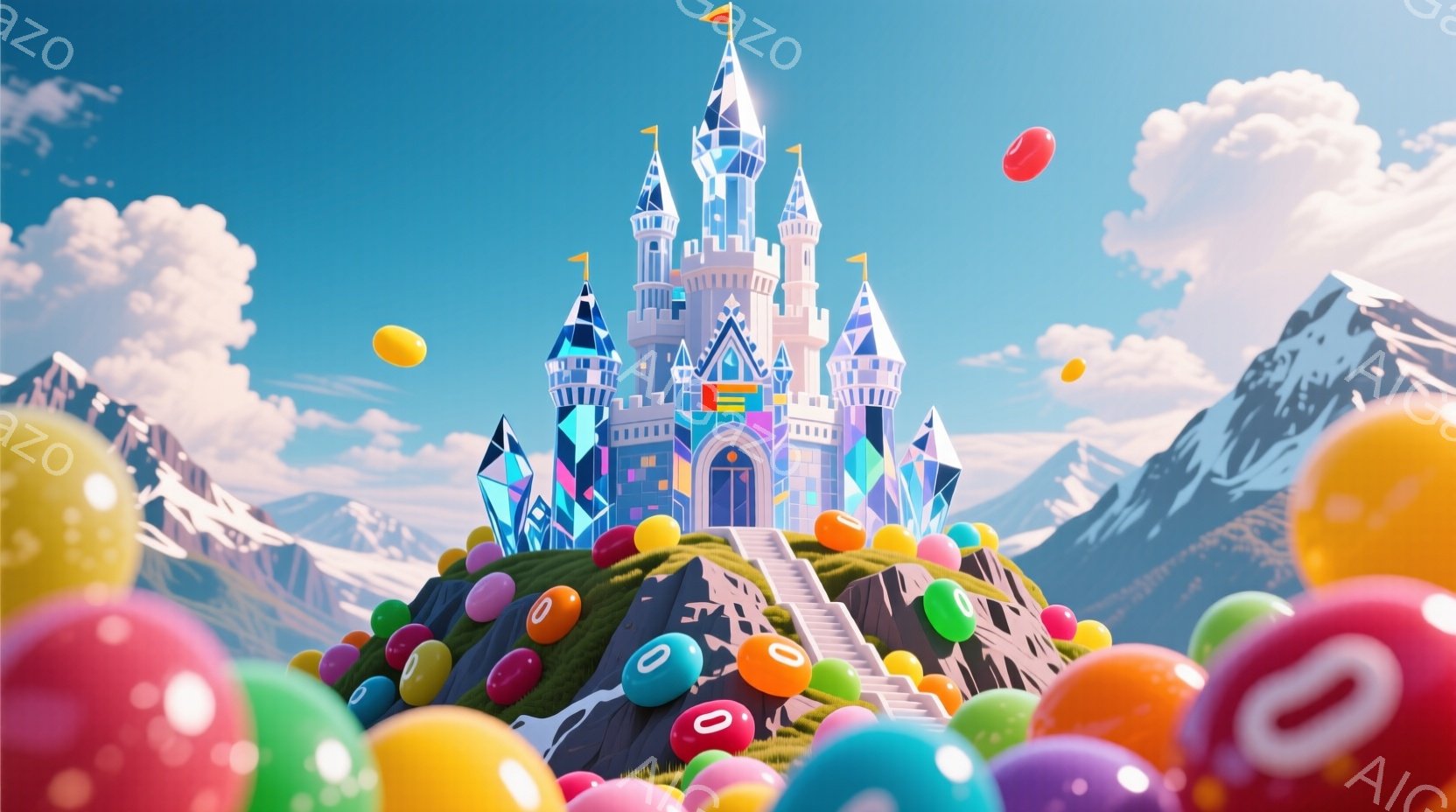 鮮やかな青空の下、キャンディのようなカラフルな粒に囲まれた緑の丘の上に、白く輝くお城が建っています。お城は尖塔と美しい装飾が施され、まるで絵本の世界のようです。背景には雪を抱いた山々がそびえ立ち、ファンタジーで遊び心に満ちた雰囲気を醸し出しています。
