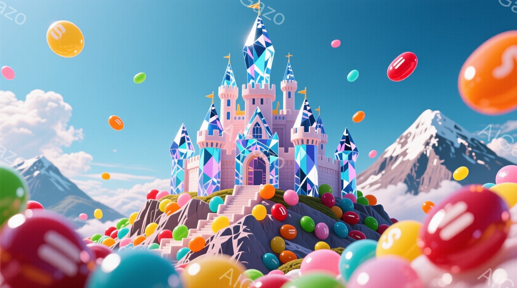 鮮やかなキャンディのような色で彩られたお城が、緑の丘の上にそびえ立っています。周囲にはカラフルなキャンディが散らばり、背景には雪を抱いた山々と青空が広がっています。全体的に夢のような、遊び心あふれる雰 - AI生成フリー素材