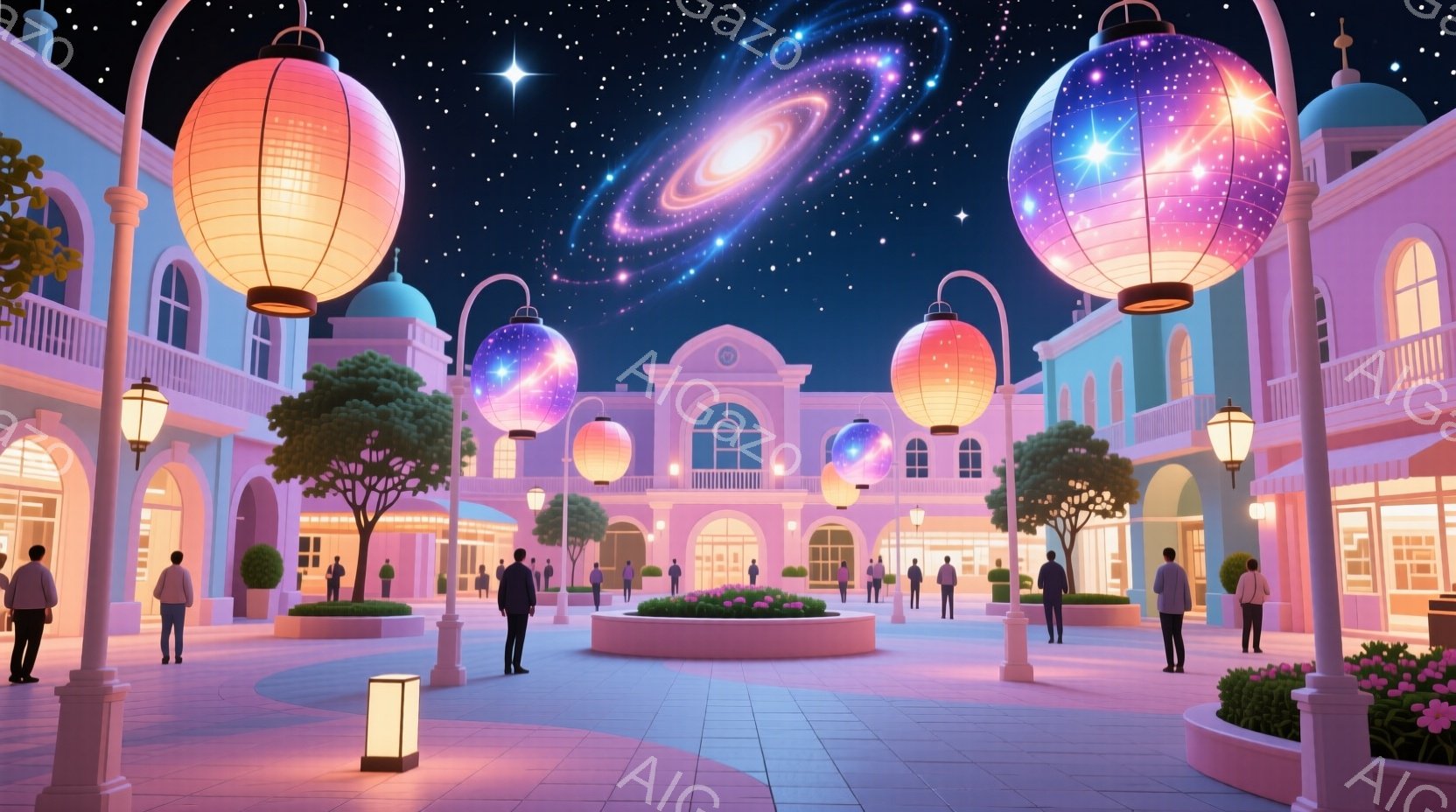 広場には、カラフルな灯籠が浮かび、夜空には銀河が広がっている。人々はフォーマルな服装で、優雅に散歩したり、談笑したりしている様子で、穏やかで幻想的な雰囲気が漂っている。建物はパステルカラーで装飾され、 - AI生成フリー素材