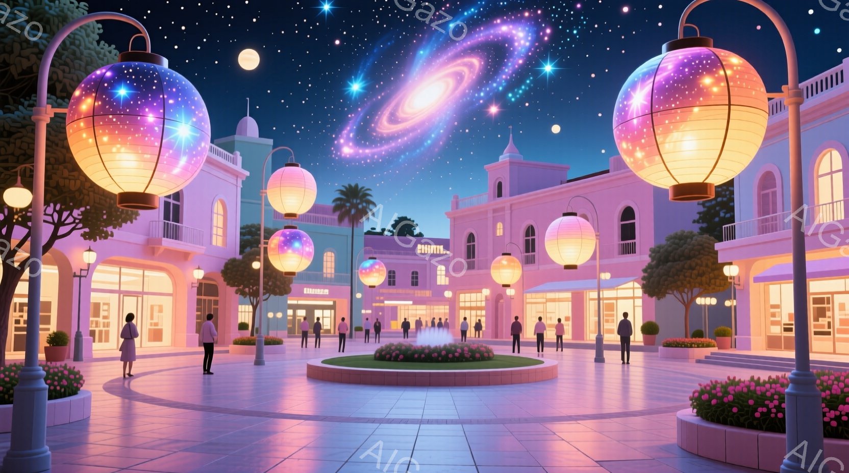 広場には、パステルピンクの建物が立ち並び、カラフルな提灯が空中に浮かんでいます。人々はカジュアルな服装で、リラックスした様子で散歩したり、立ち話をしたりしています。背景には、ヤシの木と夜空に広がる銀河 - AI生成フリー素材
