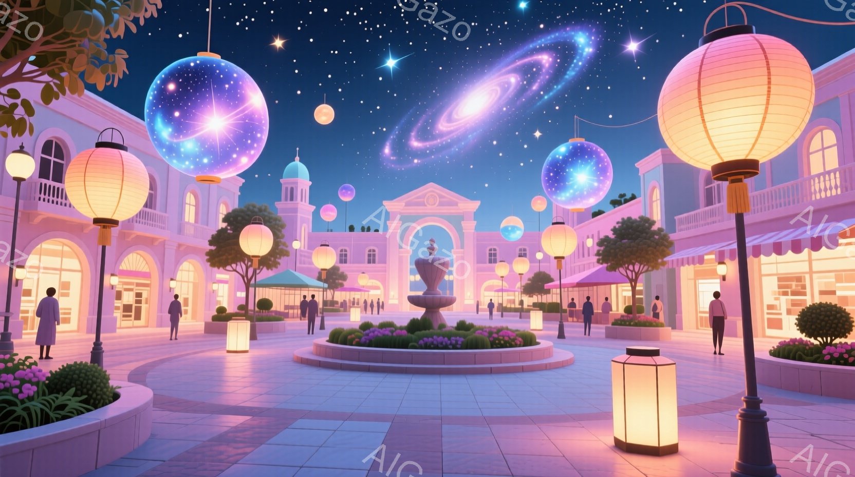 広場には、優雅な建物が立ち並び、夜空には銀河が浮かんでいます。人々はフォーマルな服装で、ゆったりとした姿勢で散歩を楽しんでいます。鮮やかな花壇や灯りが広場を彩り、幻想的でロマンチックな雰囲気を醸し出し - AI生成フリー素材