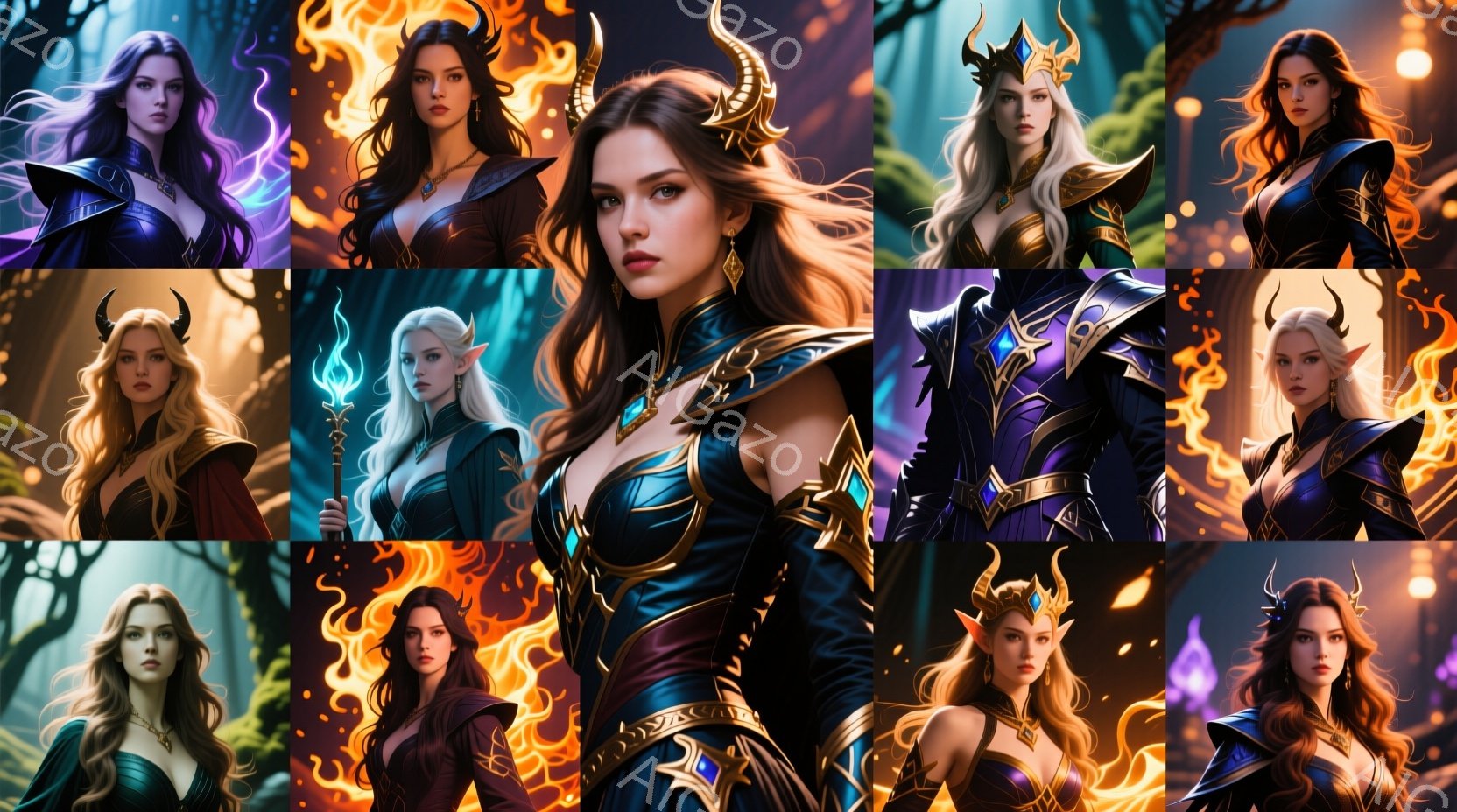 金色の髪と青い瞳を持つ女性で、燃え盛る炎を背景に、強気な表情をしています。黒と金のコントラストが美しい衣装を身に着け、威厳を感じさせます。 - AI生成フリー素材