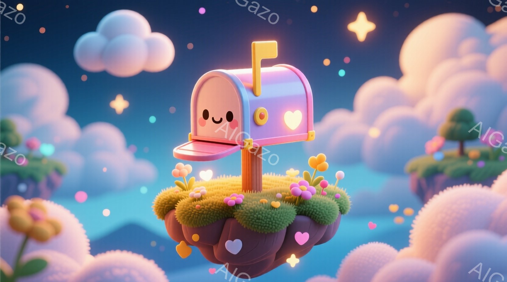 空に浮かぶ可愛らしい郵便ポストが印象的な画像です。緑色の草が生えた島の上に設置され、周囲にはピンク色や黄色の花が咲き乱れ、空にはふわふわとした雲と星が散りばめられています。全体的にパステルカラーで彩られており、温かく、夢のような雰囲気を醸し出しています。