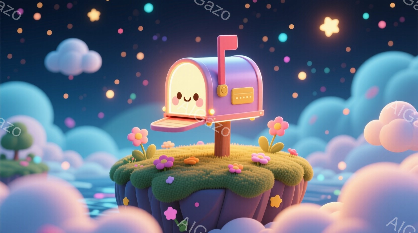 空に浮かぶ紫色の島の上に、可愛らしい表情をした郵便受けが設置されています。周りにはピンクや黄色の花が咲き、ふわふわとした雲と星空が背景に広がっており、幻想的な雰囲気です。全体的にパステルカラーで統一さ - AI生成フリー素材