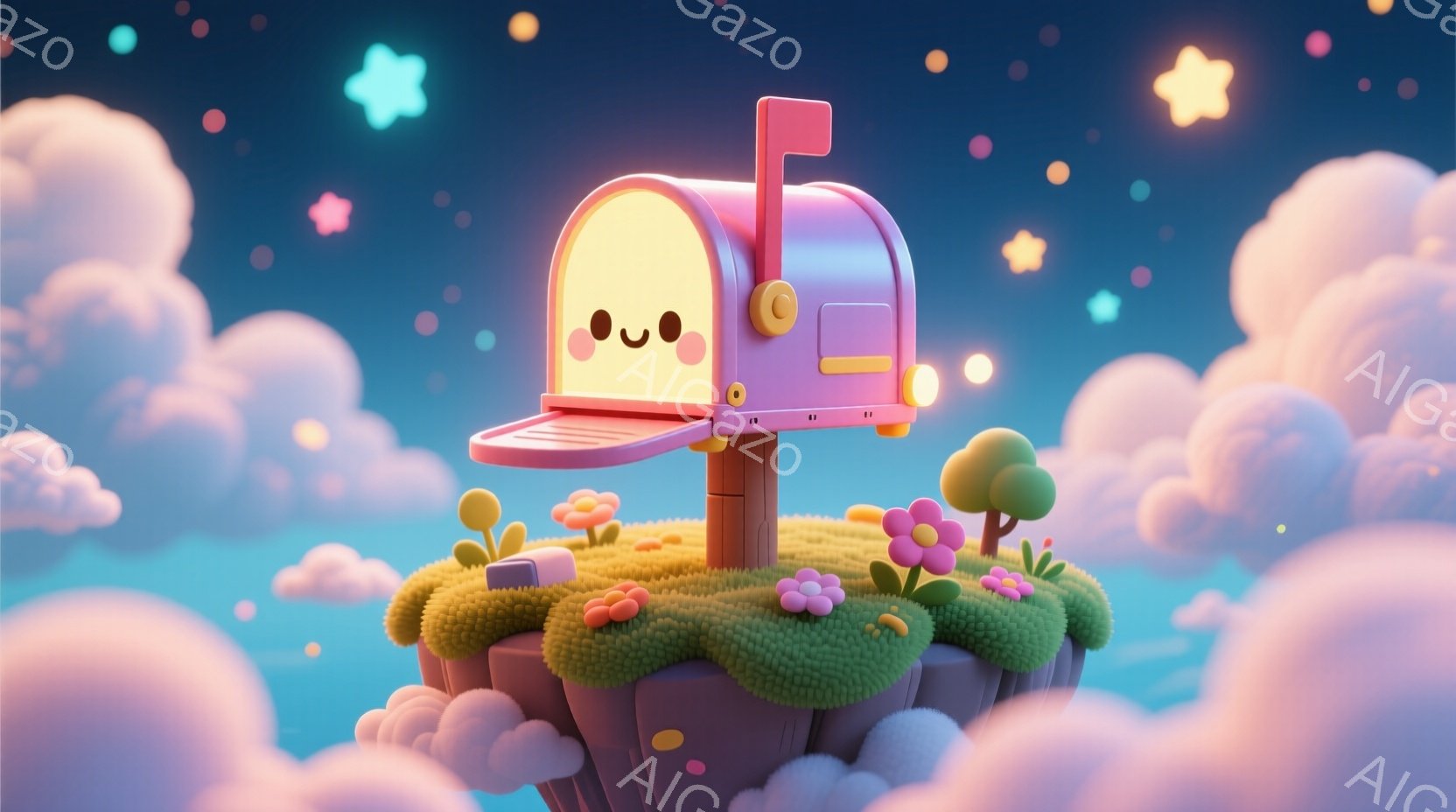 明るいピンク色の郵便受けが、緑色の草が生えた小さな島の上に立っている。空は淡い紫色から水色へのグラデーションで、ふわふわとしたピンク色の雲と星が散りばめられている。全体的に、夢のような、温かく可愛らしい雰囲気が漂っている。