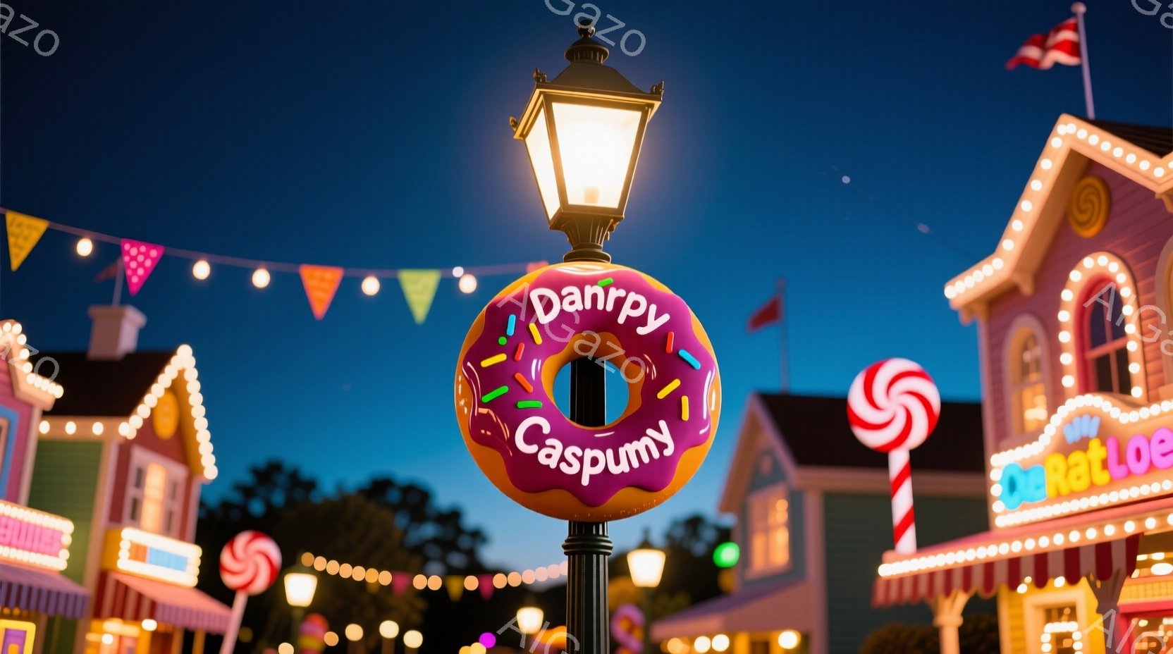 This image captures a quaint, fairy-tale village at night. The central focus is a large, colorful donut sign that stands out against the dark sky and illuminated surroundings. It reads "DANTE," which could be an alias or a character's name, indicating some level of playfulness or fantasy theme within this setting. Around the donut sign, there are smaller banners and flags that add to the festive atmosphere. The buildings in the background have a classic European architecture style with pointed roofs and facades decorated in pastel colors, contributing to an overall whimsical ambiance. There is a lone figure near the donut sign, adding a human element to the scene. However, their features are not clearly visible due to the image's size, so detailed descriptions of their clothing, hairstyle, or expression cannot be provided. The person seems relaxed and casual, which complements the laid-back vibe of this charming village.