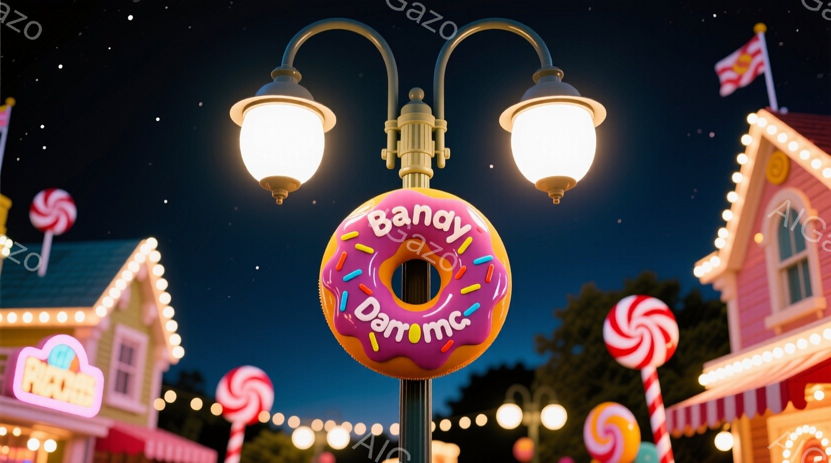 夜の遊園地のような風景で、ピンク色の可愛らしい建物が並び、キャンディのオブジェや電飾で彩られています。中央にはドーナツのイラストが描かれた看板があり、その下には小さな光が灯る装飾が施されています。全体 - AI生成フリー素材