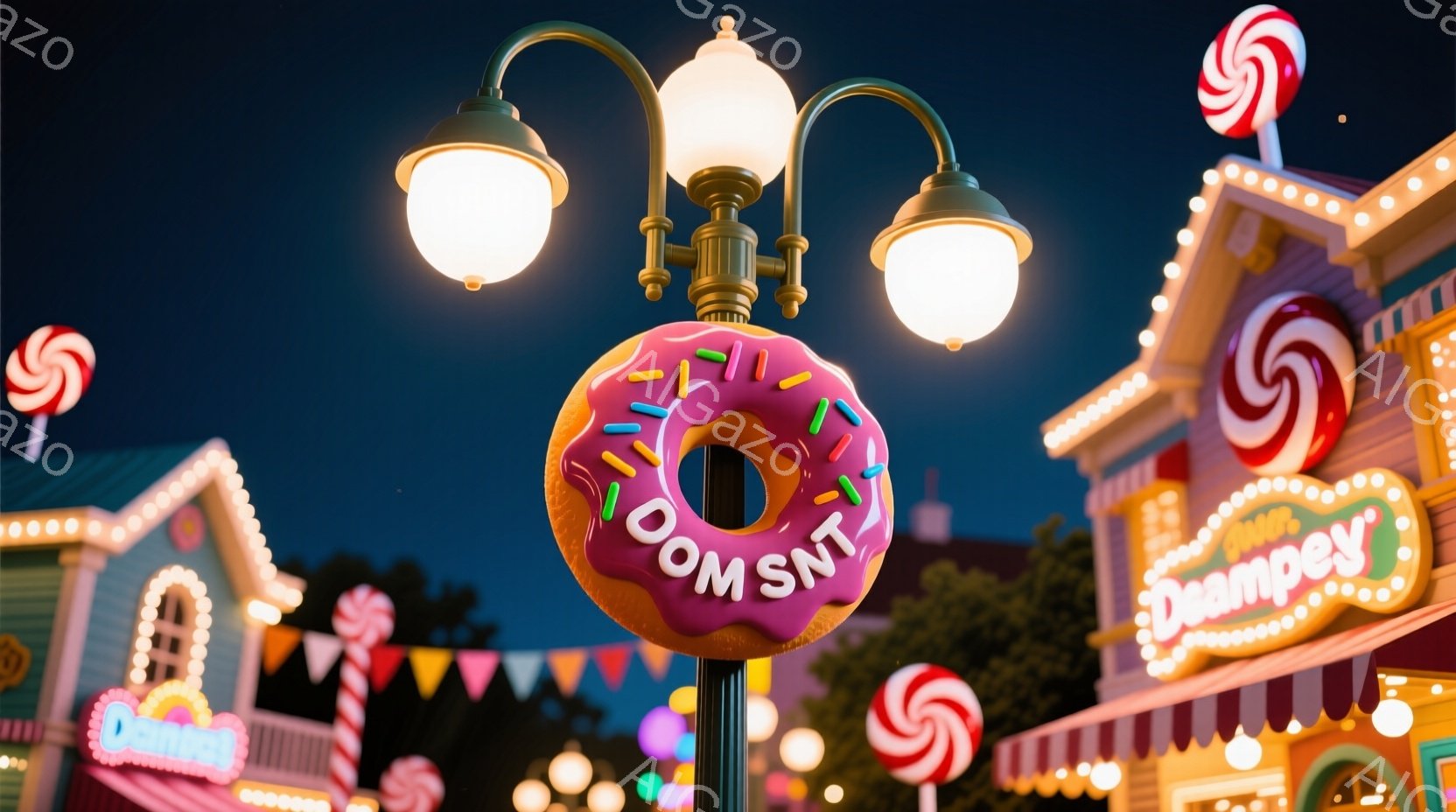 夜空の下、カラフルなキャンディとドーナツが飾られた遊園地のような風景が広がっています。ドーナツは街灯のポールに飾られており、背景には可愛らしいお菓子の家々が立ち並び、お祭りや遊園地のような楽しい雰囲気 - AI生成フリー素材