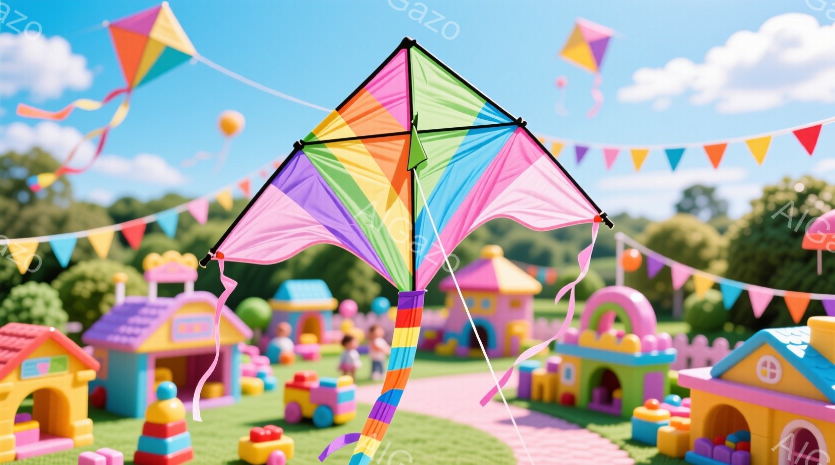 カラフルな凧が青空に舞い上がっており、ピンク、紫、緑、オレンジ、黄色のストライプが特徴的です。背景には、ピンク色の道に囲まれた、おもちゃのようなカラフルな建物が並び、緑豊かな芝生と木々が広がっています - AI生成フリー素材